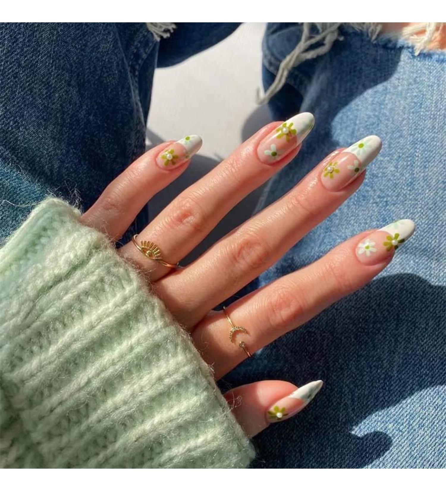 24PCS Medium Almond Glossy Flower Press On Nails - Green & White Spring Nail Decoration - Fake Nails with Glue - Women's Manicure - Buy Online on SooperMarket.com