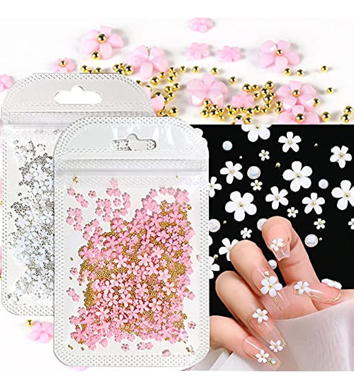 3D Flower Caviar Beads Nail Art Decals - White Pink Acrylic Charms with Pearl Beads for DIY Manicures - Buy Online on SooperMarket.com