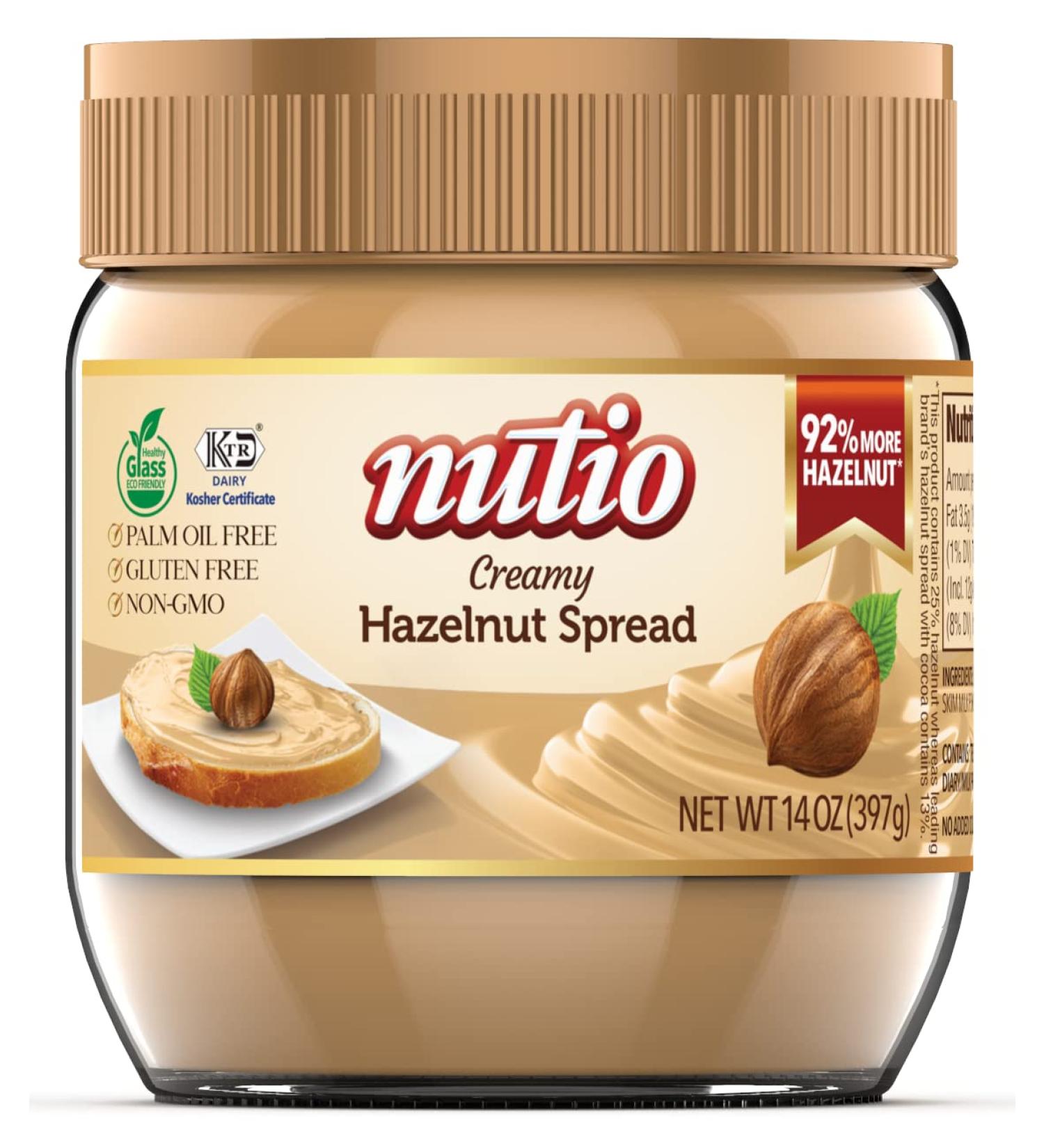 NUTIO Creamy Hazelnut Spread 14oz - 92% More Hazelnut, 37% Less Sugar, Palm Oil Free - Gluten Free, Non-GMO, Eco-Friendly Glass Jar - Perfect for Pancakes & Waffles - 1 Pack - Buy Online on SooperMarket.com