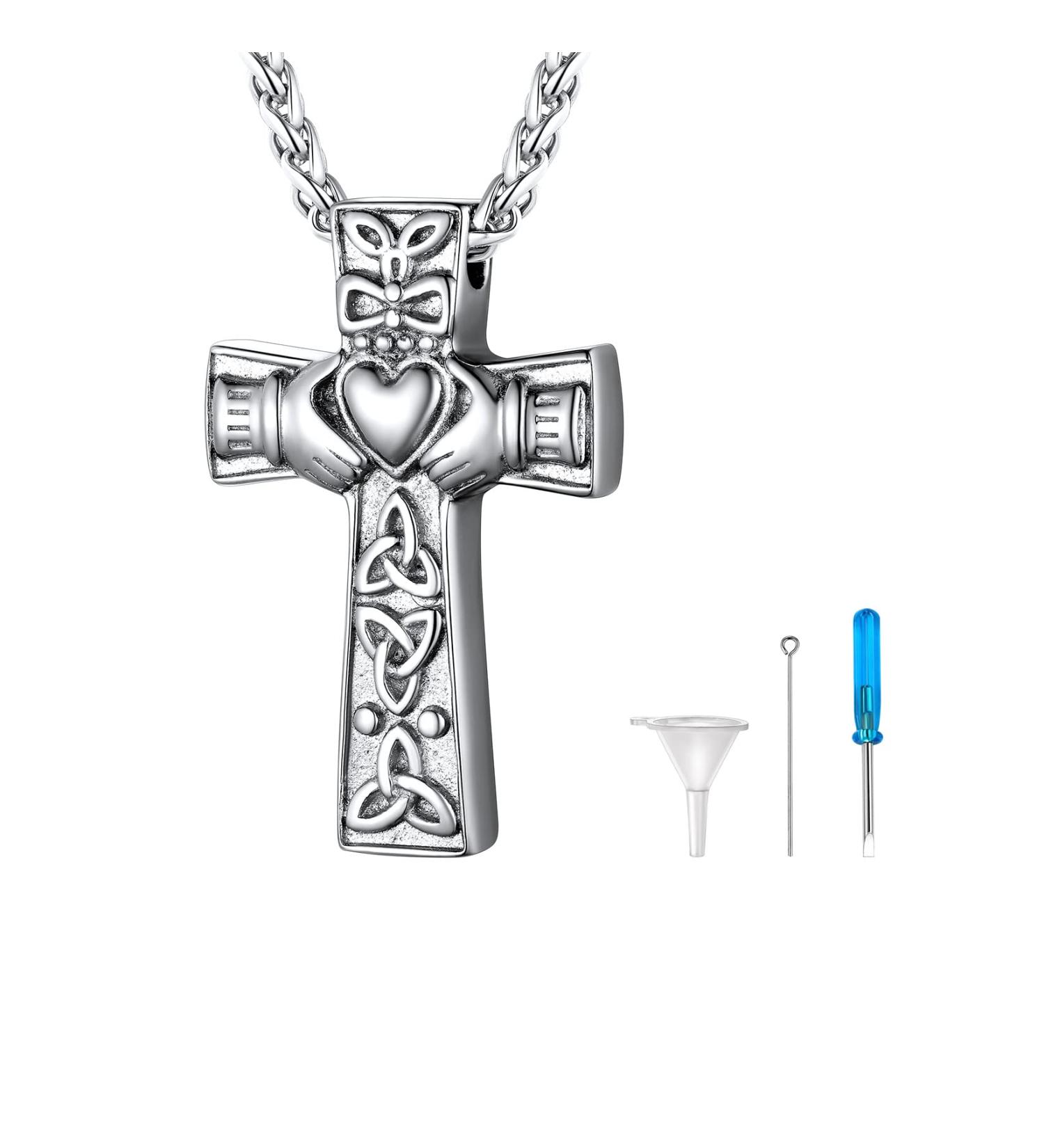 U7 Women's Cremation Urn Necklace - Celtic Knot Dog Feet Wings & Crucifix - Stainless Steel Cylinder Pendant - Fire Burial Jewelry - Buy Online on SooperMarket.com
