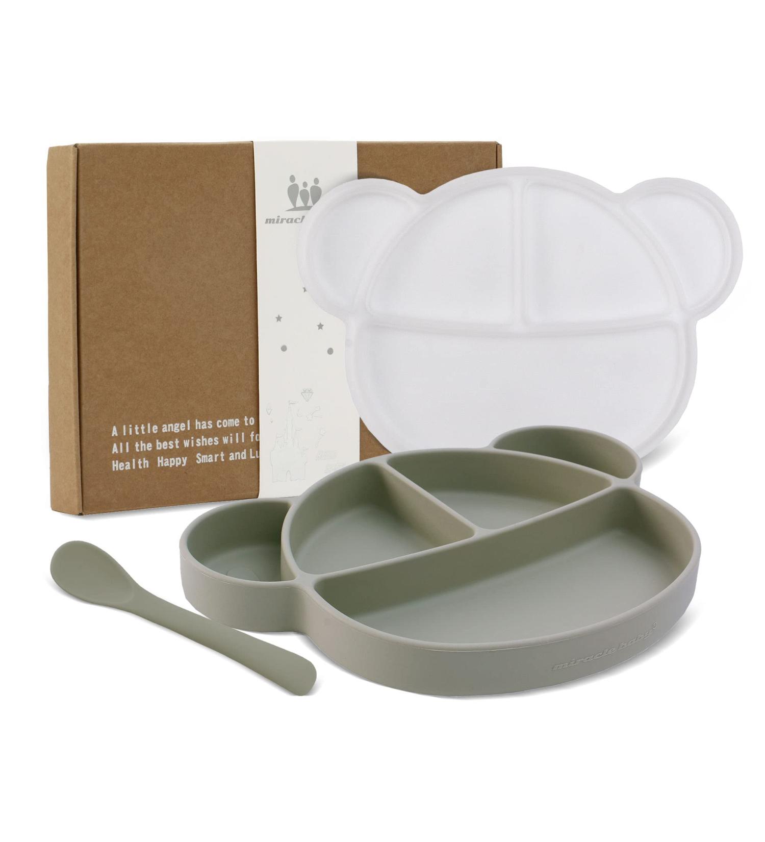 Suction Silicone Baby Plate with Lid, Spoon & Divided Sections - BPA Free & Dishwasher Safe - Toddler Self Feeding Dinnerware Set in Light Green - Buy Online on SooperMarket.com