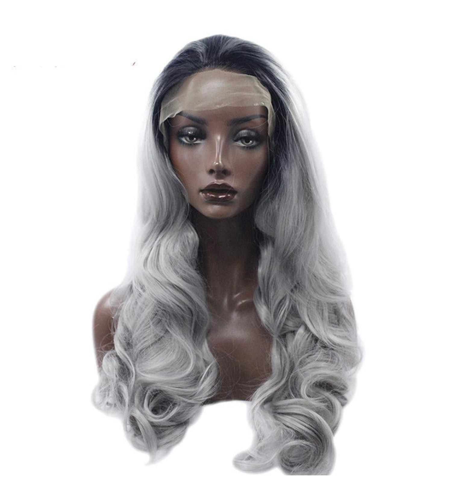 BGHJUE Silver Grey Black Lace Front Wig - 22 Long Wave Synthetic Wig for Women - Buy Online on SooperMarket.com