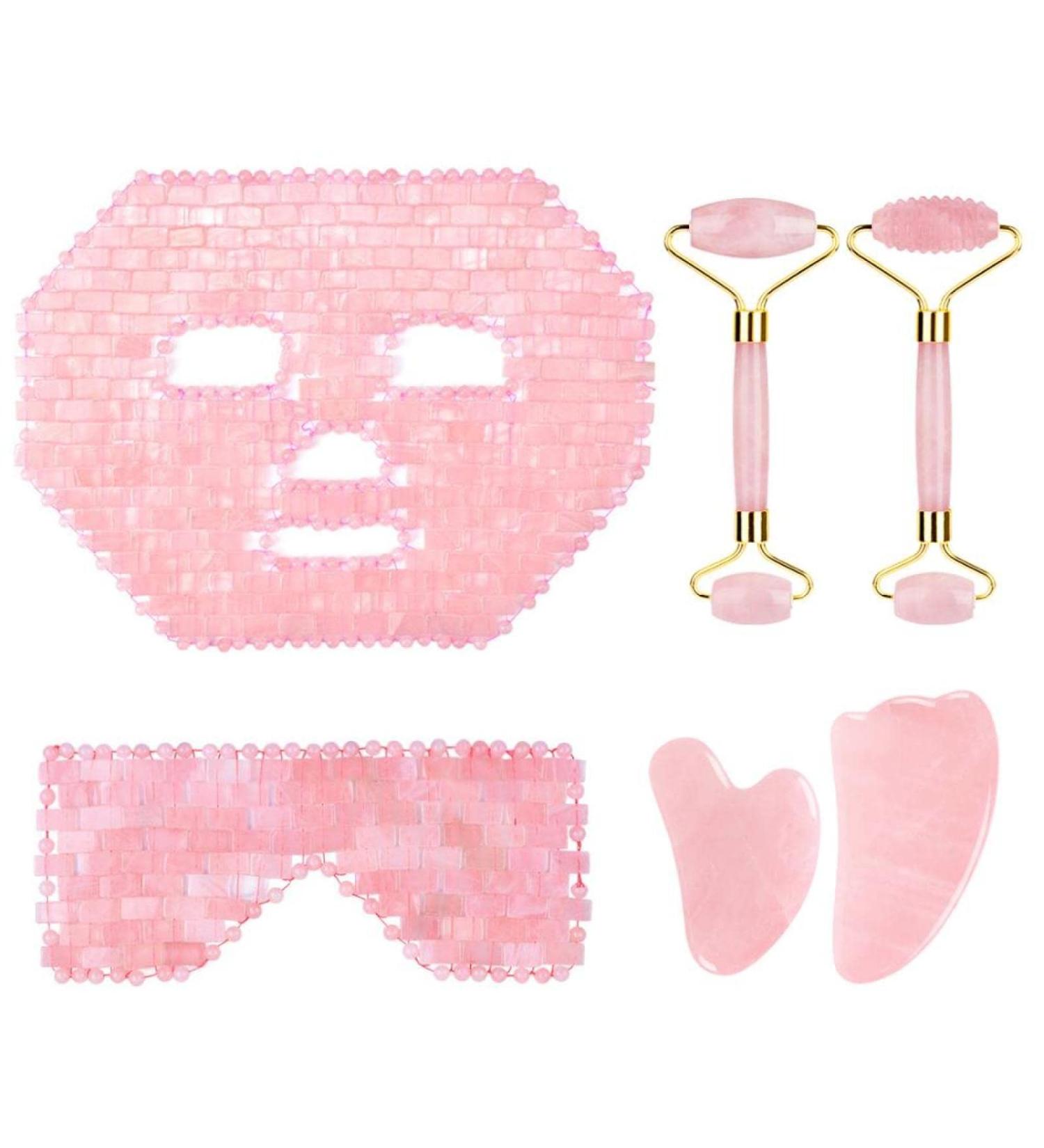 BAYDE Rose Quartz Roller & Gouache Face Eye Mask Set - 6-in-1 Natural Crystal Facial Care Tool for Face Lifting & Anti-Wrinkle - Buy Online on SooperMarket.com
