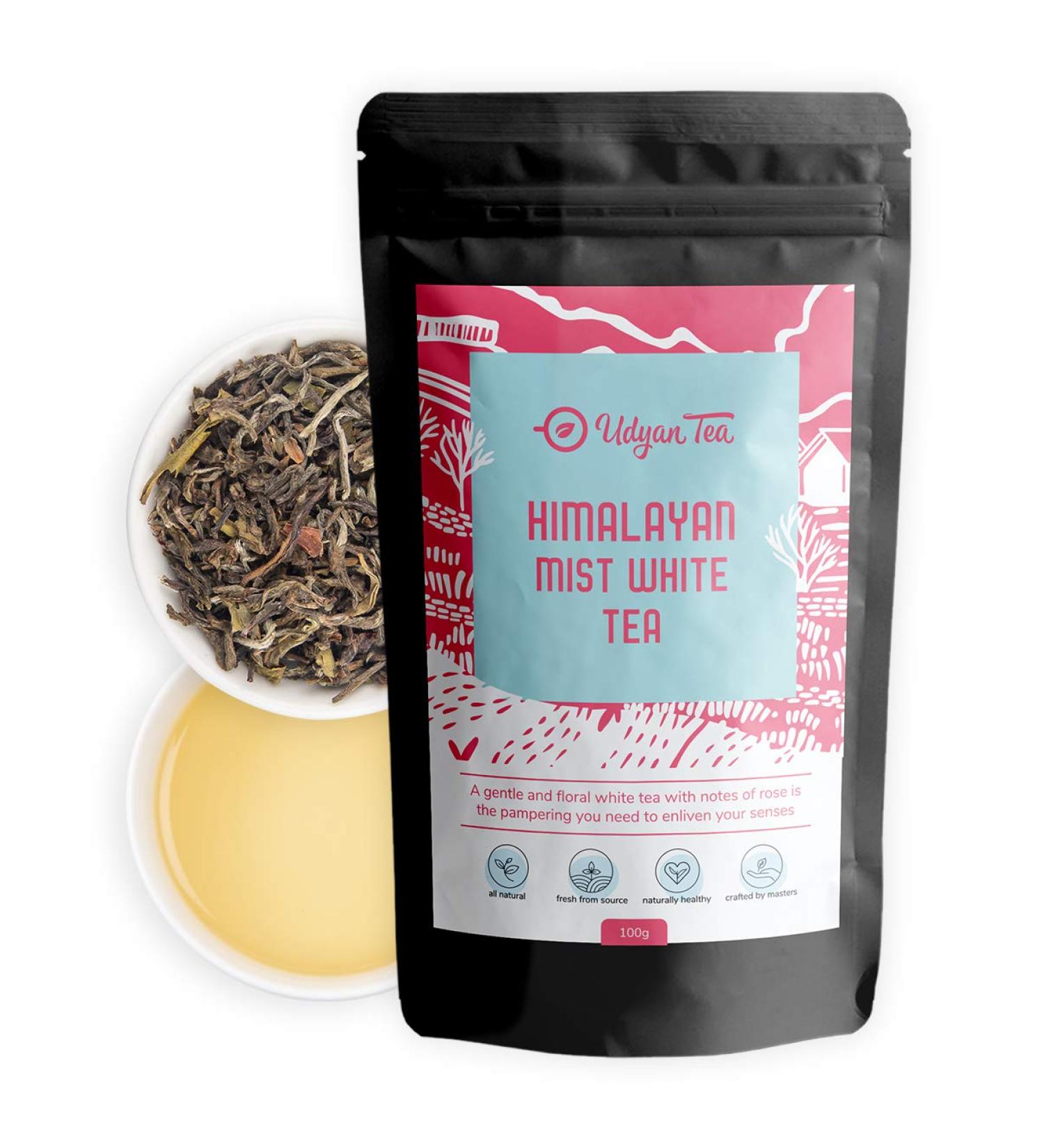 Udyan Tea Himalayan Mist White Tea 100g - Low Caffeine, Rich in Antioxidants | Fresh Loose Leaf Tea for Healthy Skin | 40 Cups - Buy Online on SooperMarket.com