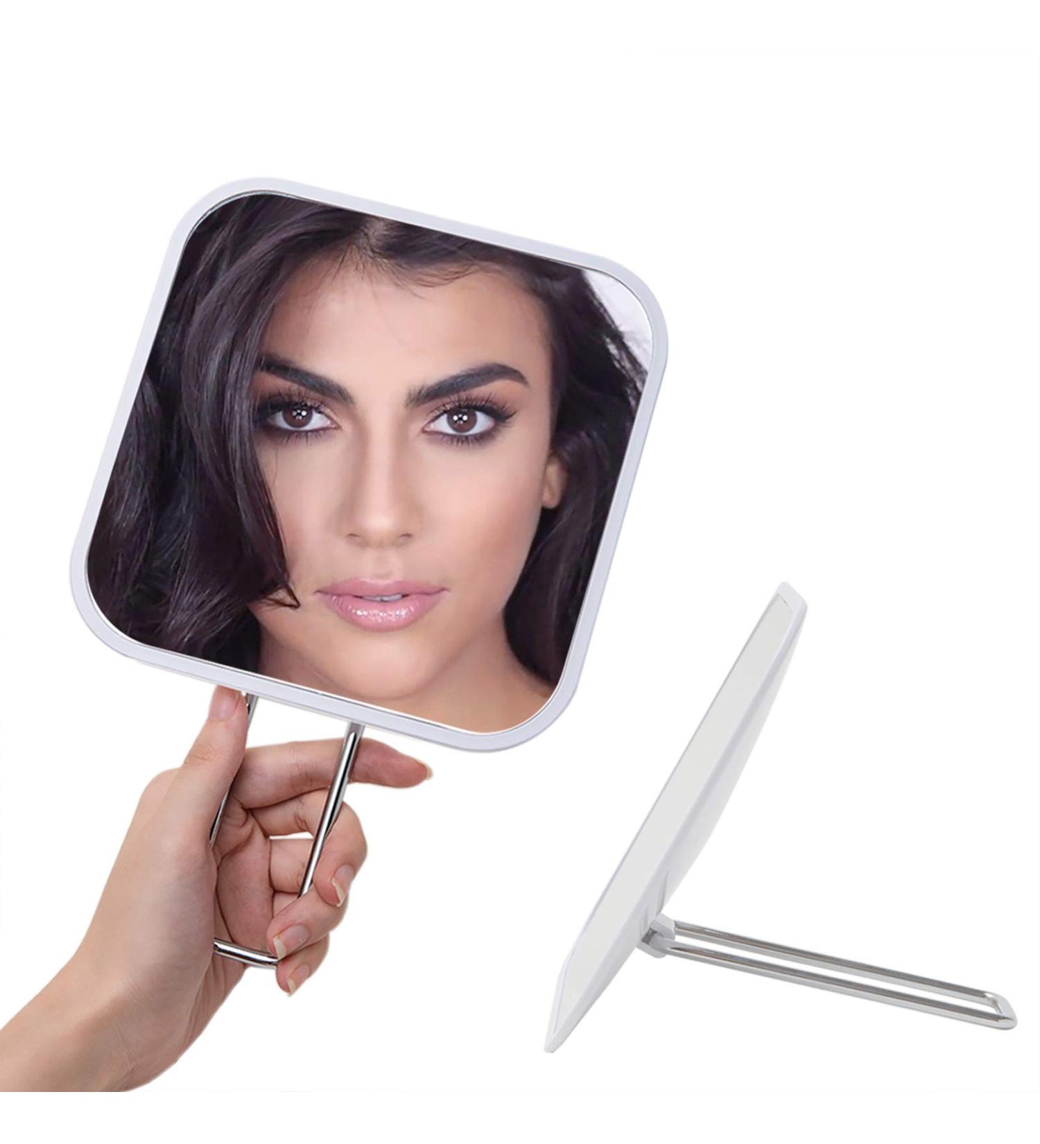 YEAKE Large Handheld Makeup Mirror - Square White & Metal, Portable Table Desk Mirror with Stand for Travel and Bathroom, 9.4 x 5.9 - Buy Online on SooperMarket.com