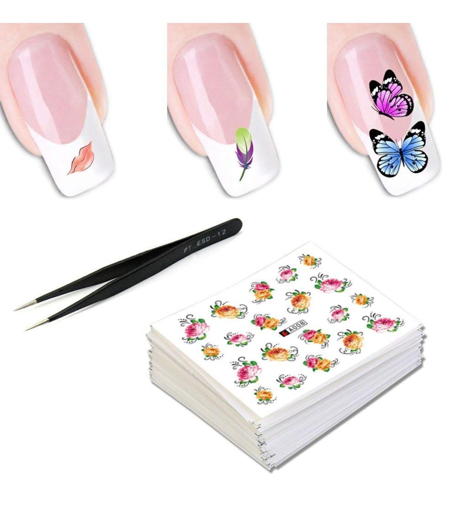 50 Sheets Nail Art Stickers Decals with Tweezer - Nail Art Design Decorations DIY Tool Kits for Women Girls