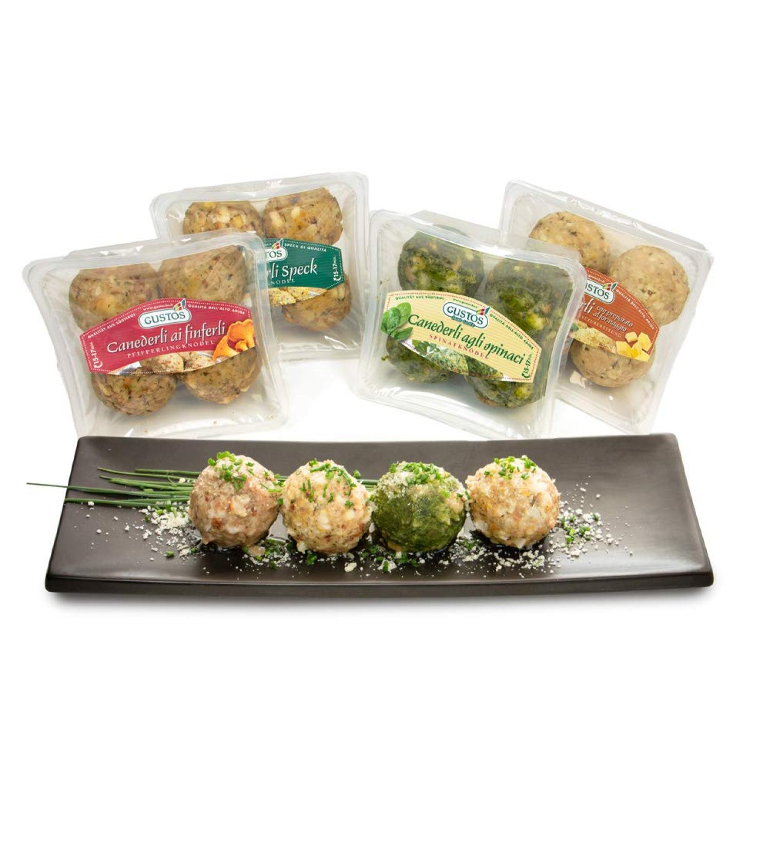 Gustos Dumplings Tasting Set - 4 Packs: Bacon Chanterelle Spinach & Cheese - Authentic South Tyrolean Recipe - International Shipping Available - Buy Online on SooperMarket.com