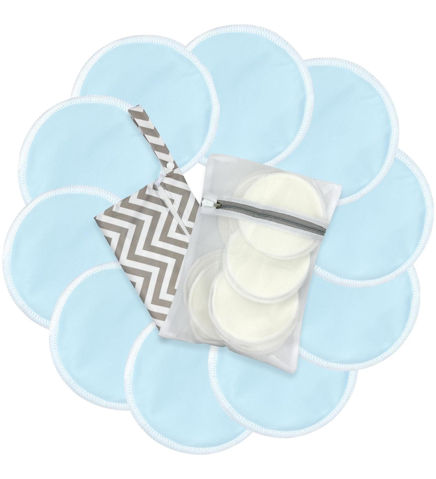 Bamboo Fiber Nursing Pads - 10 Piece Set with Laundry & Travel Bags | Washable Leak Proof Breastfeeding Essentials for Moms (Sky Blue - Buy Online on SooperMarket.com