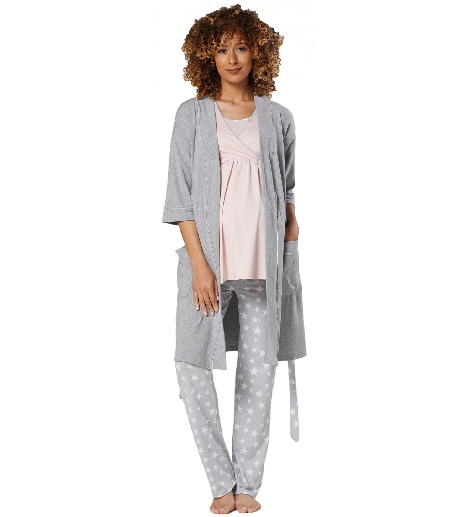 Happy Mama Maternity Nursing 3pcs Nightwear Set - Powder Pink & Grey Melange - Buy Online on SooperMarket.com