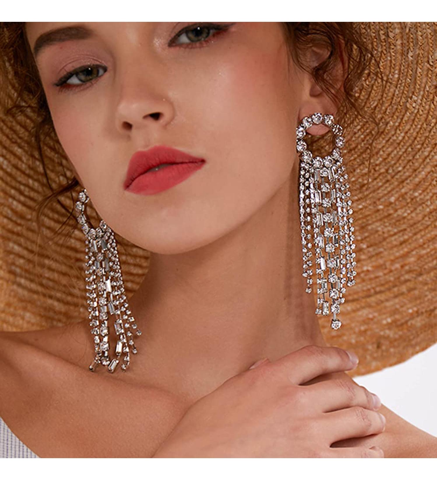 Missgrace Dainty Rhinestones Tassel Long Earrings Set - Silver Layered Dangle Hoop Studs for Women & Girls - Buy Online on SooperMarket.com