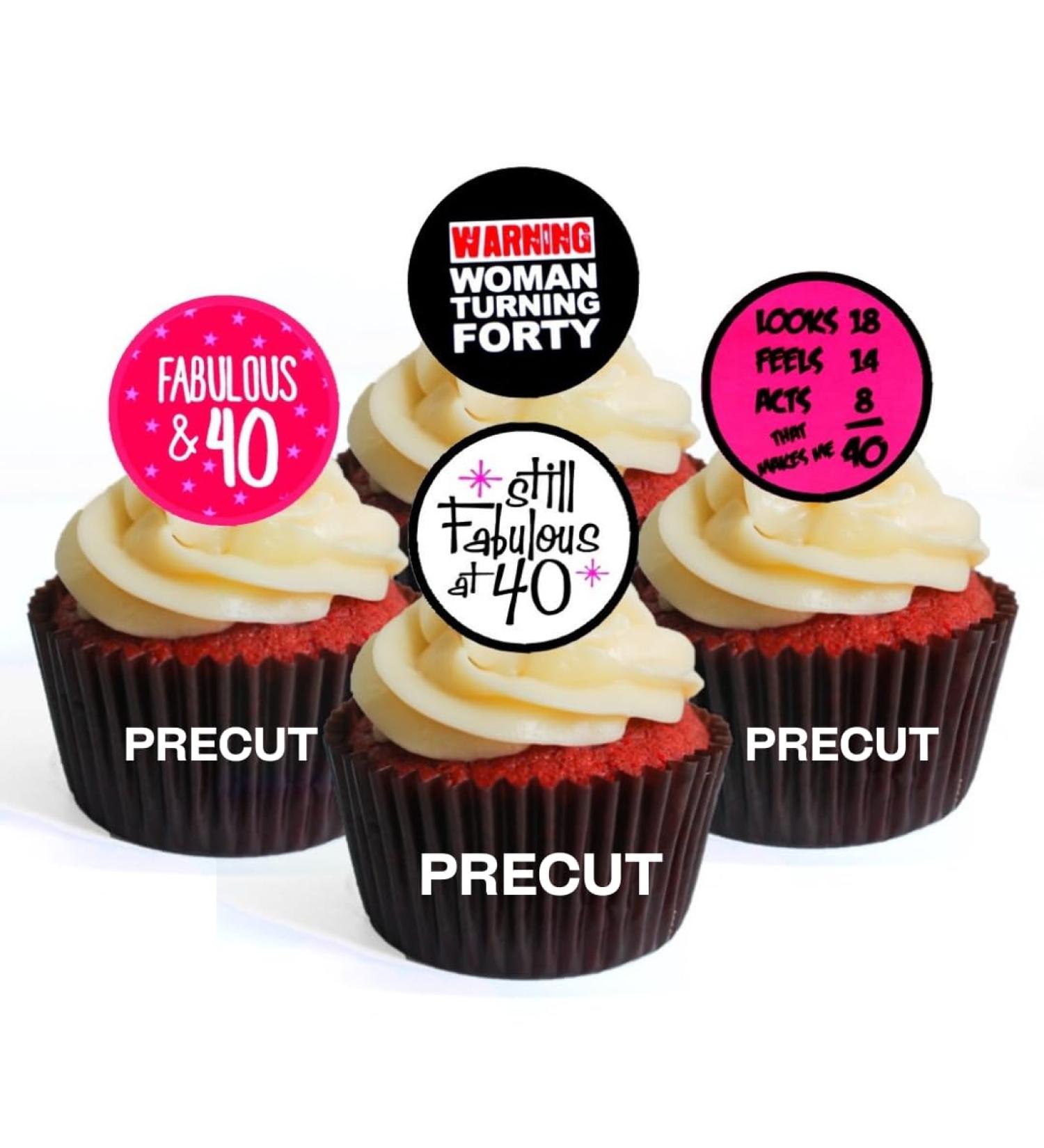 24 PRECUT 40th Birthday Edible Cupcake Toppers - 40 & Fabulous Premium Thickness SWEETENED VANILLA - wafer card disc cake decorations - Buy Online on SooperMarket.com
