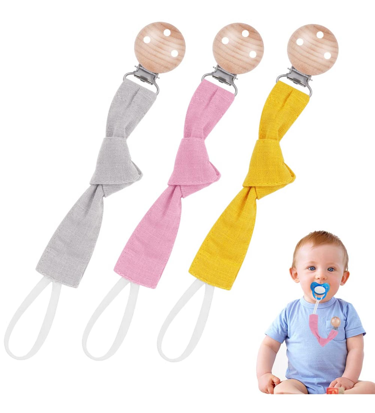 Vicloon Baby Dummy Clips - 3 Pack Wooden Dummy Clip for Boys and Girls | BPA Free Soother Pacifier Chain Holder | Teether Toy | Pink/Gray/Yellow - Buy Online on SooperMarket.com