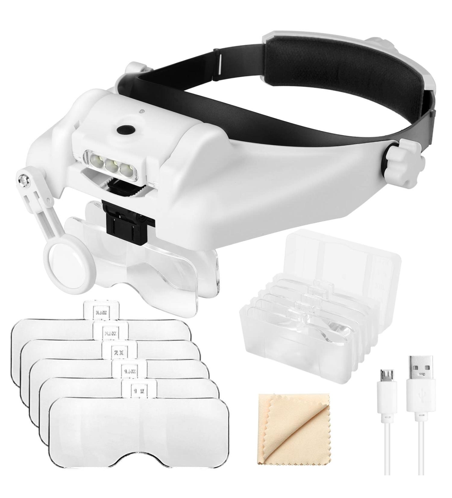 Headband Magnifier with LED Light 1X to 14X  SUNJOYCO Handsfree Head Mount Magnifying Glass Visor Headset Loupe Tools for Professional Jewelry Close Work Sewing Crafts Reading Repair  with 5 Lenses - Buy Online on SooperMarket.com
