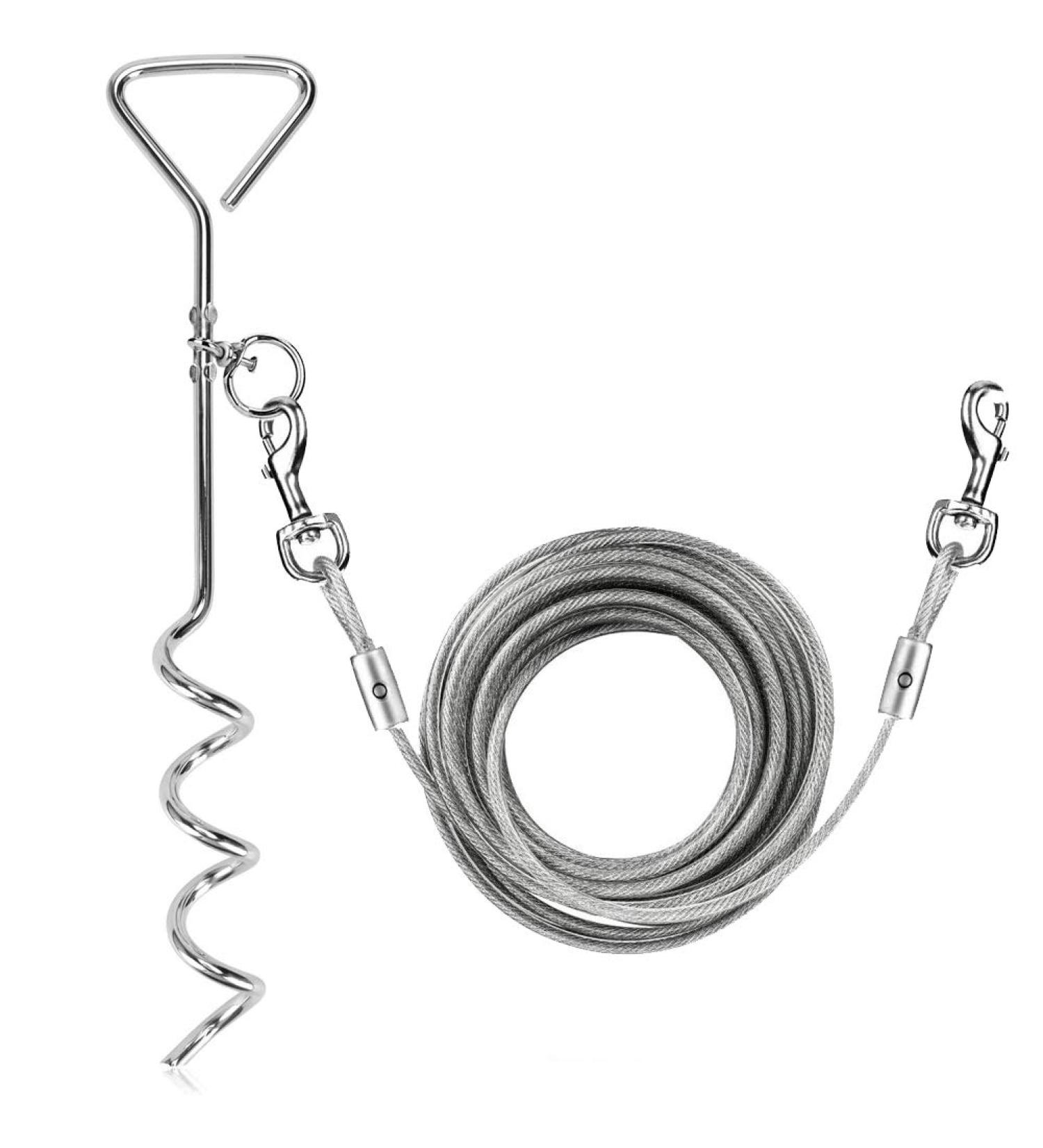 XhuangTech 16.4ft Dog Tie Out Cable with 16 inches Heavy Duty Spiral Ground Stake Spike for Dog Up to 130 lbs for Playing Camping and Backyard in Ground - Buy Online on SooperMarket.com