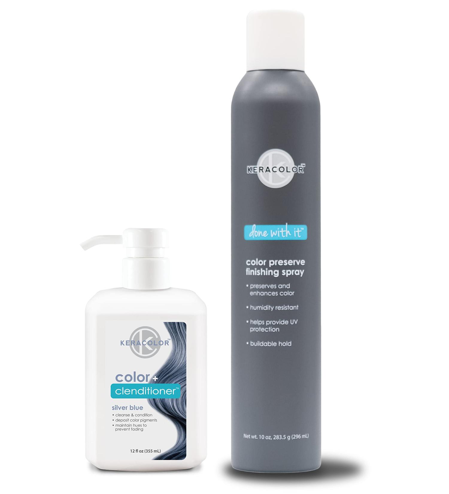KERACOLOR Kit of 3-in-1 (Cleanse + Conditioner + Color) Silver Blue Semi-Permanent Hair Dye and Finishing Hair Spray 10oz - Buy Online on SooperMarket.com