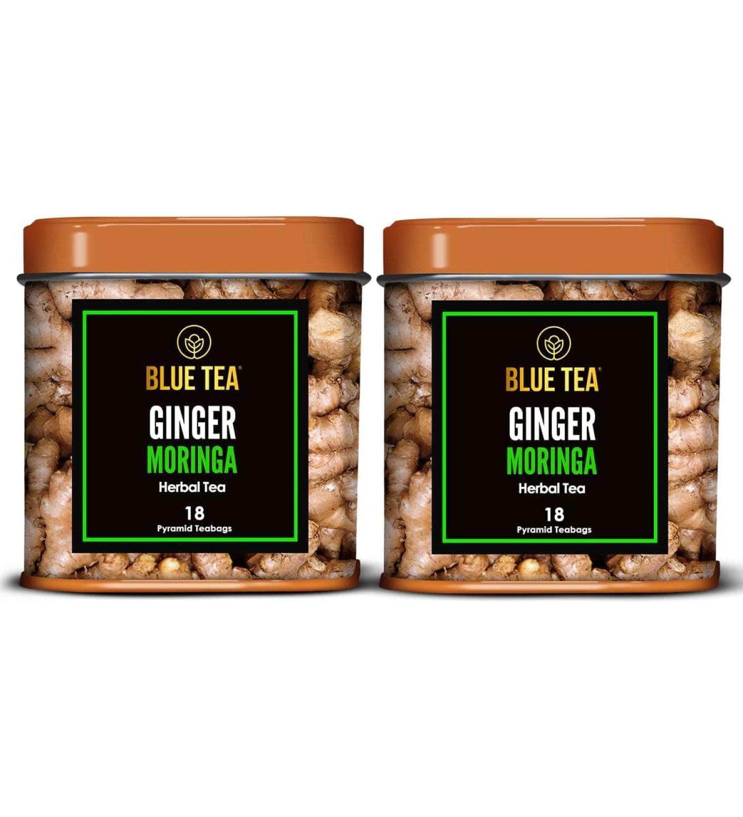 BLUE TEA - Ginger Moringa Herbal Tea - 36 Tea Bags (Pack of 2) |HEALTHY SUPERFOOD | Blend of Indian Ginger and Fresh Moringa | Caffeine Free | Eco-Sustainable Packaging - Buy Online on SooperMarket.com