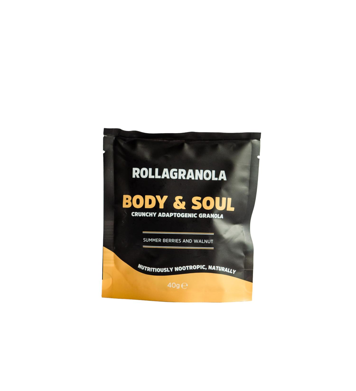 Rollagranola - Body & Soul Summer Berries & Walnut Oat Granola 10 x 40g Serving Gluten Free & Suitable for a Vegan Diet Crunchy Adaptogenic Granola Nutritiously Nootropic Naturally - Buy Online on SooperMarket.com