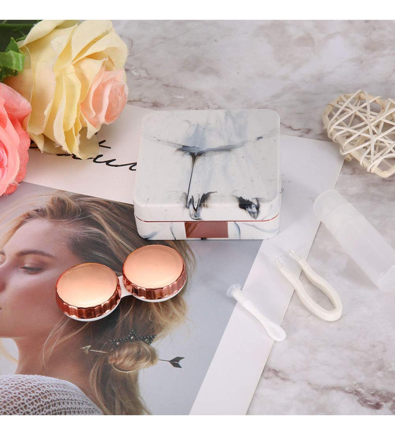 Portable Marble Mirror & Contact Lens Container Set | Square Design with Lens Cleaner Tweezer & Rose Gold Accents - Buy Online on SooperMarket.com