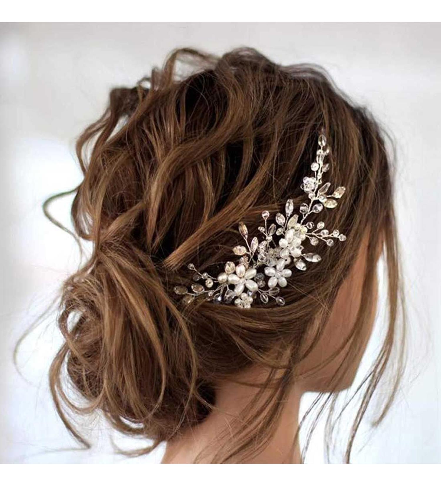 Prosy Bridal Wedding Flower Hair Comb Slide - Silver Crystal Hair Accessories & Rhinestone Headpiece for Women & Girls - Buy Online on SooperMarket.com