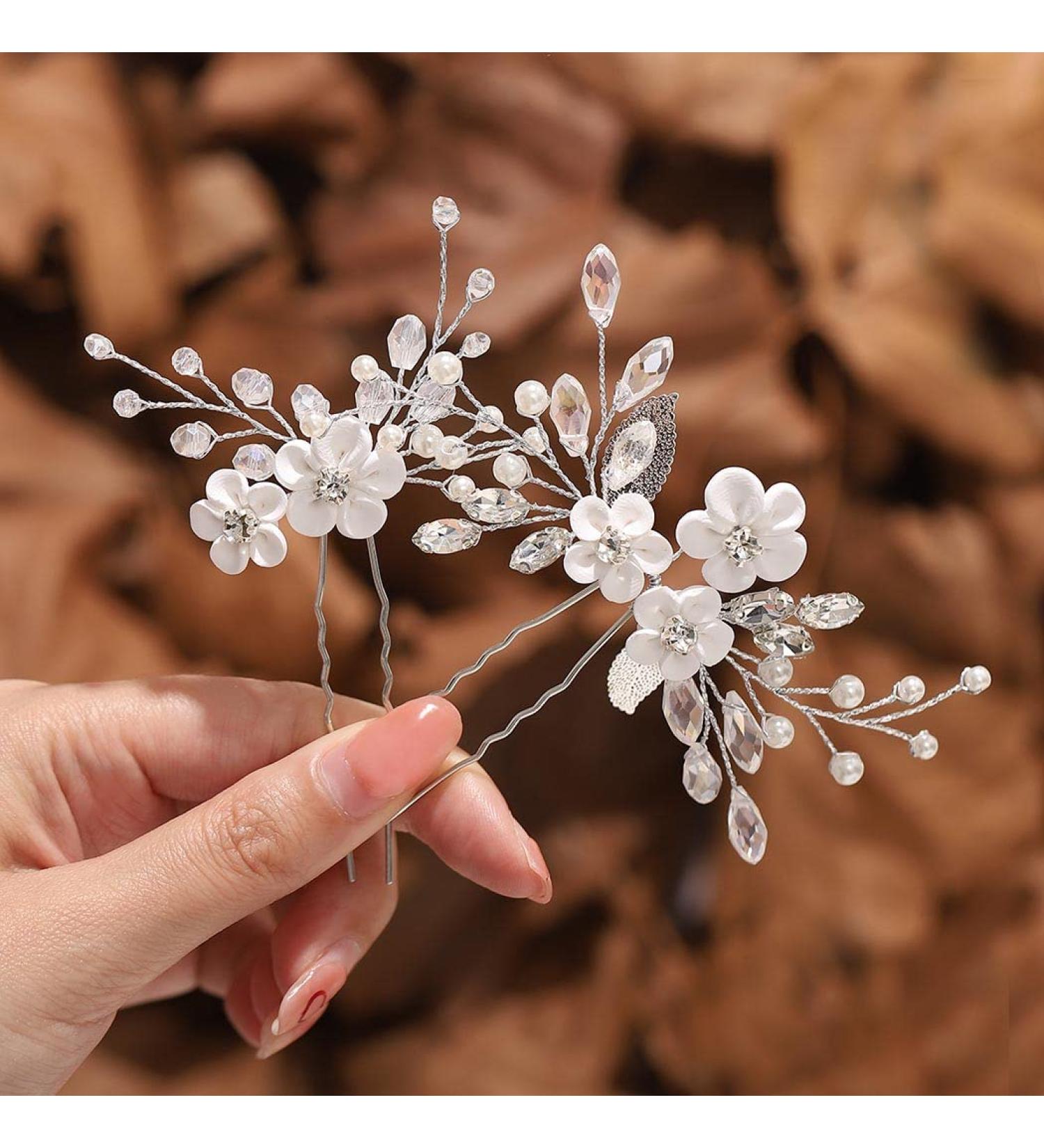 Gorais Flower Bride Wedding Hair Pins - Silver Rhinestone & Pearl Hair Clips for Women and Girls (Pack of 2) - Buy Online on SooperMarket.com