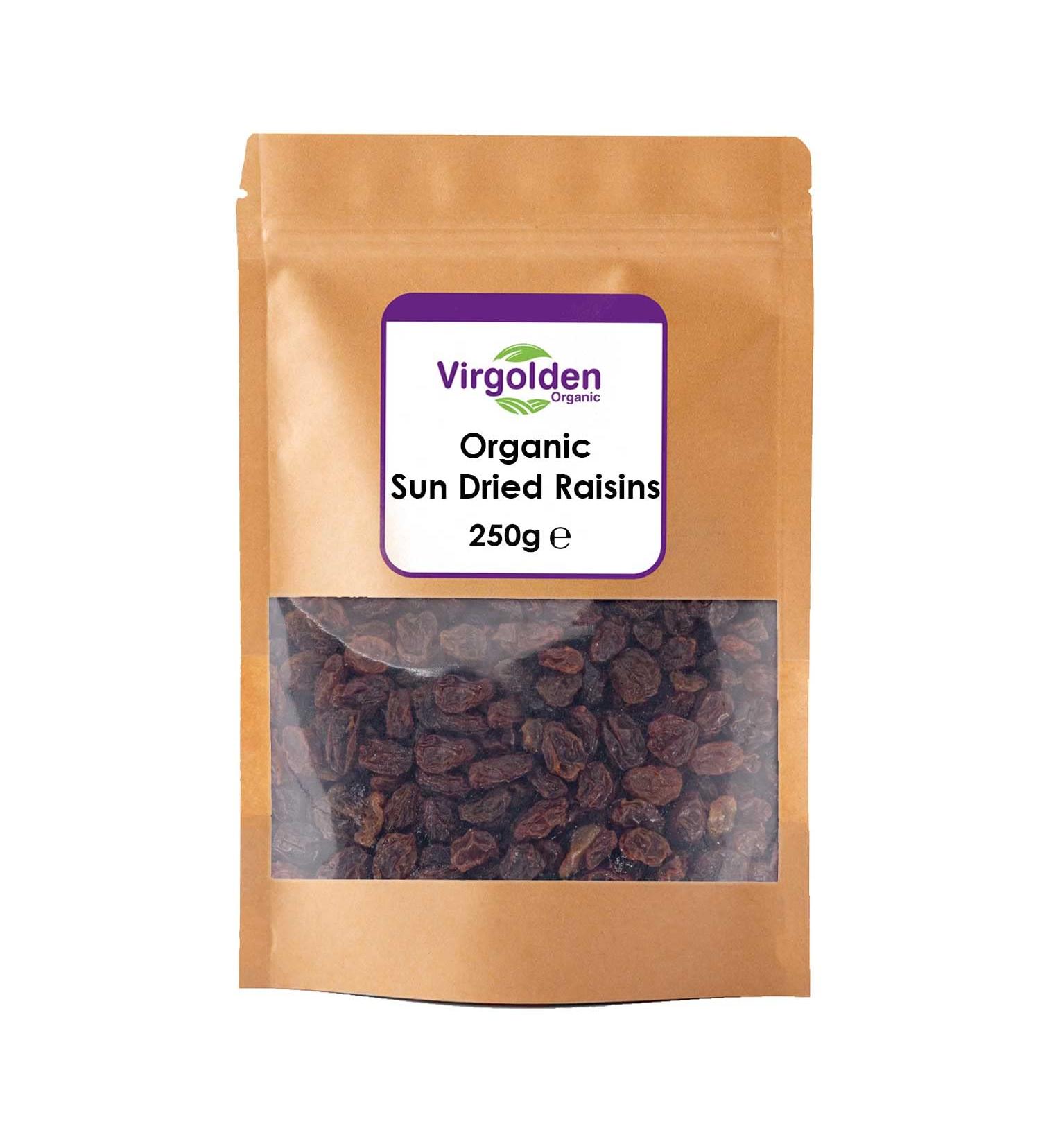 Organic Sun Dried Raisins 250g by Virgolden Organic - Fibre-Rich & Vegan-Friendly for Baking, Desserts, and Breakfast - Buy Online on SooperMarket.com