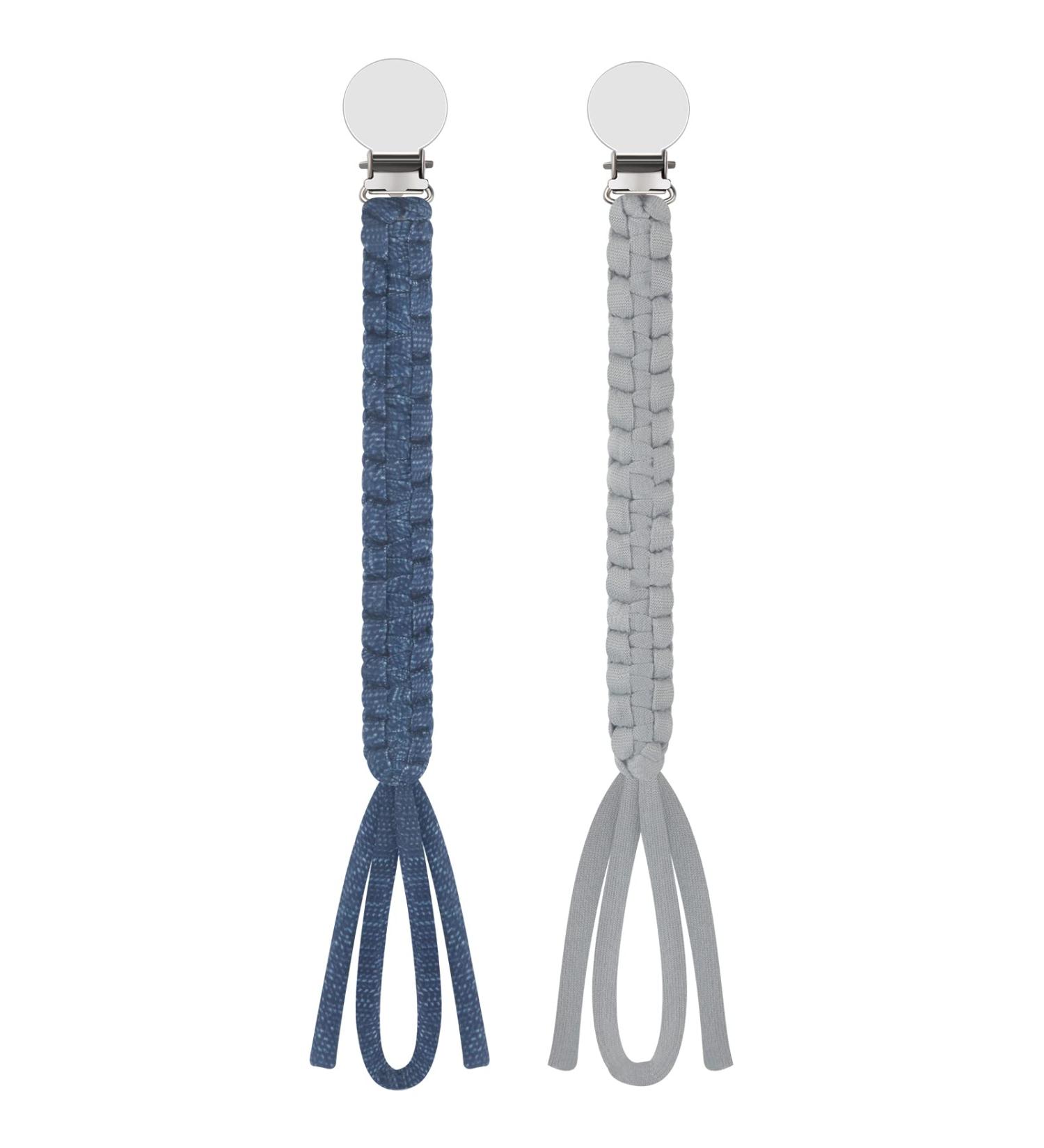 Shop Kowlone 2-Pack Cotton Pacifier Clips for Girls - Braided Dummy Holders in Gray and Star Blue - Ideal Baby Shower Gift - Buy Online on SooperMarket.com