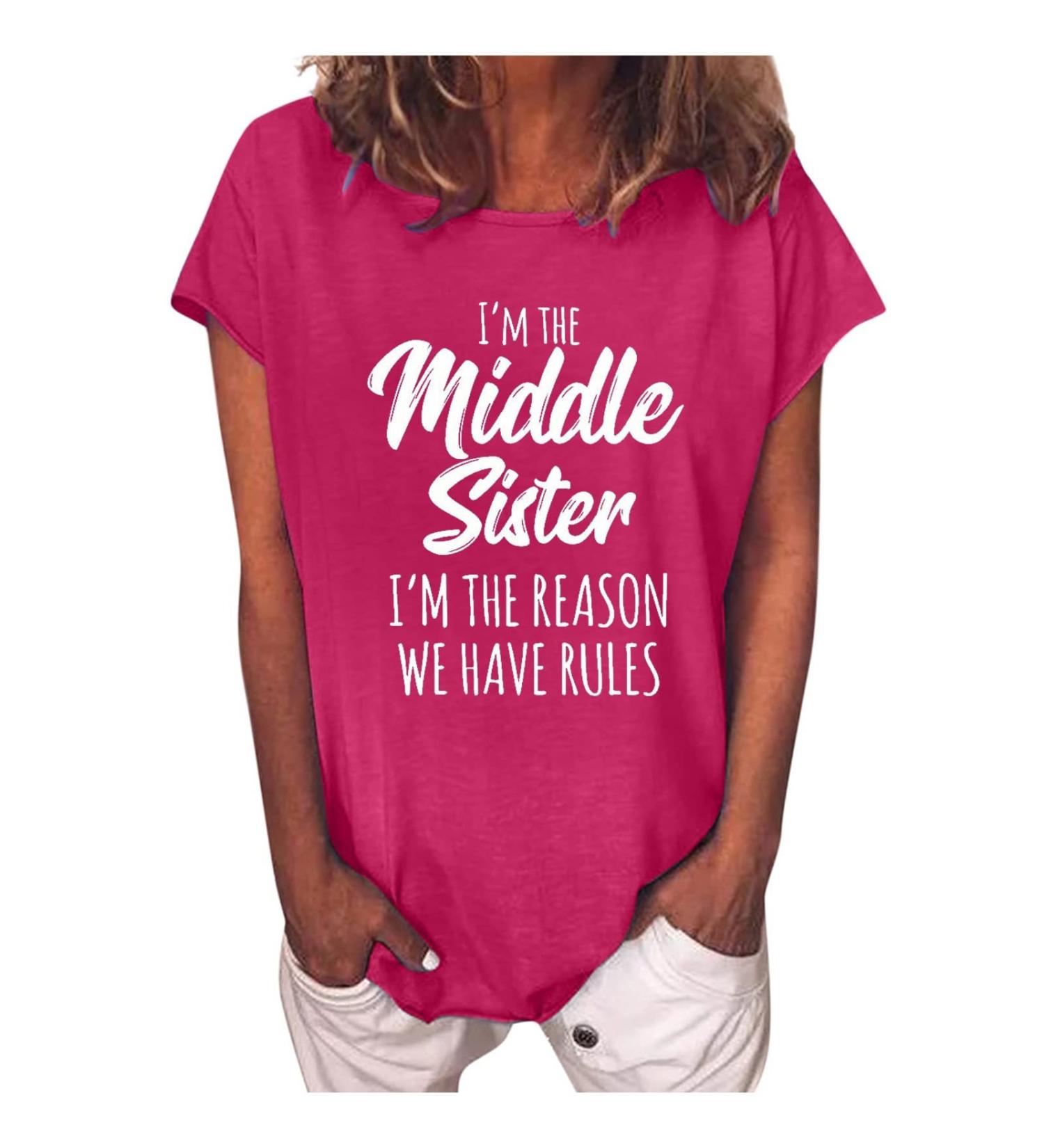 TUNUSKAT Middle Sister T-Shirt - Funny Letter Print Cotton Blouse in Hot Pink | Women's Casual Short Sleeve Top - Buy Online on SooperMarket.com