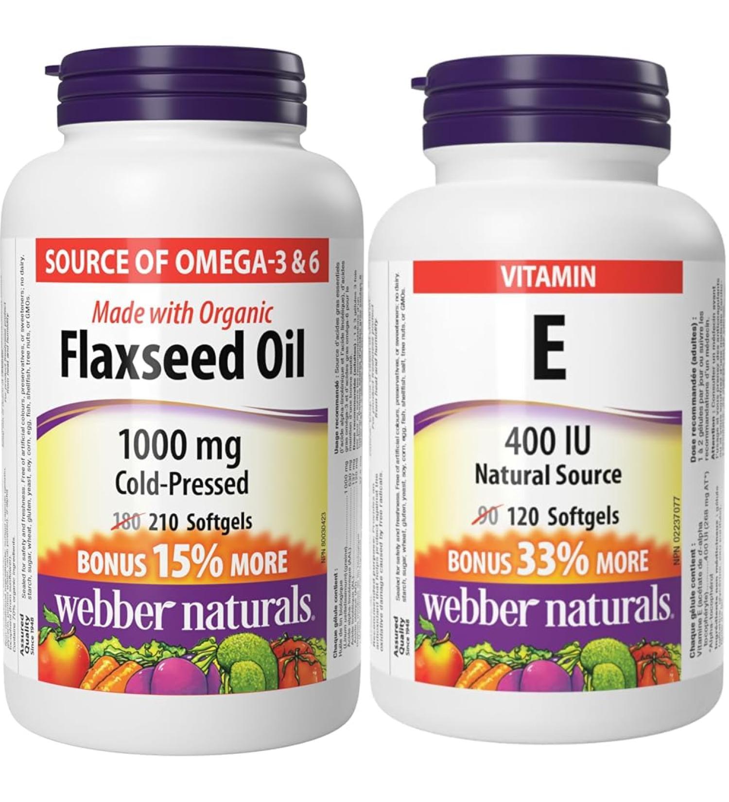 Webber Naturals Flaxseed Oil 1000 mg 210 Softgels Plant Source Omega-3 For Heart Brain and Cardiovascular Health & Vitamin E 400 IU 120 Softgels Natural Source of Vitamin E Antioxidant Support SUPPLEMENT + VITAMIN ECS165693 - Buy Online on SooperMarket.com