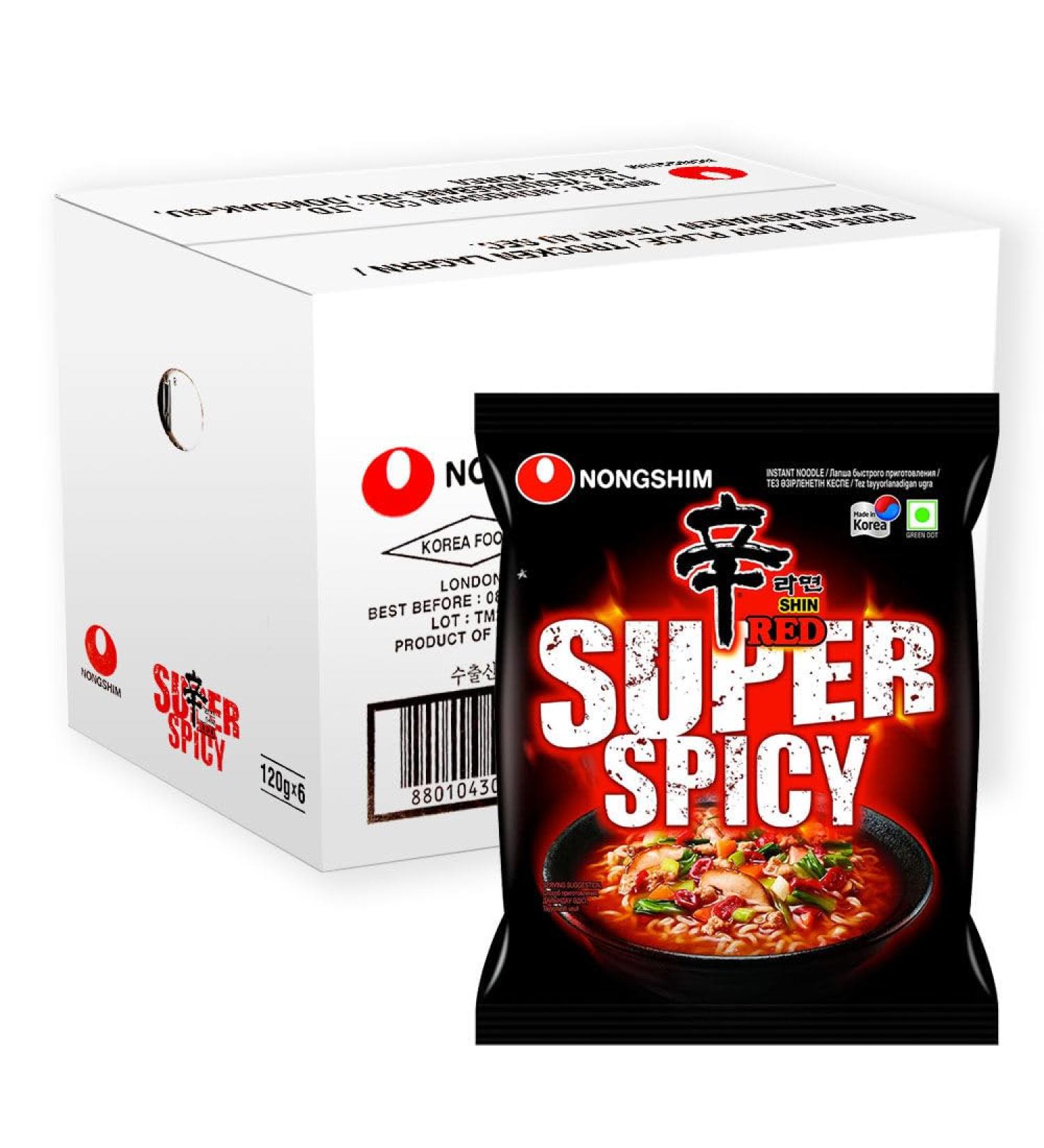 Nongshim SHIN RED Ramyun Super Spicy Ramen Noodles 120g (Pack of 6)