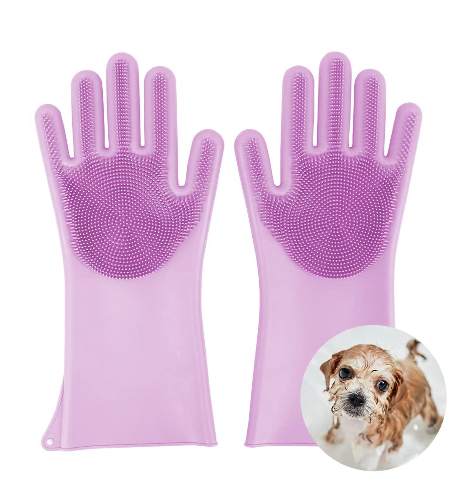 Comfpet Pet Care Gloves for Dog & Cat Hair Removal | Food-Safe Silicone Brush for Bathing & Massaging Puppies & Kittens (Purple) - Buy Online on SooperMarket.com