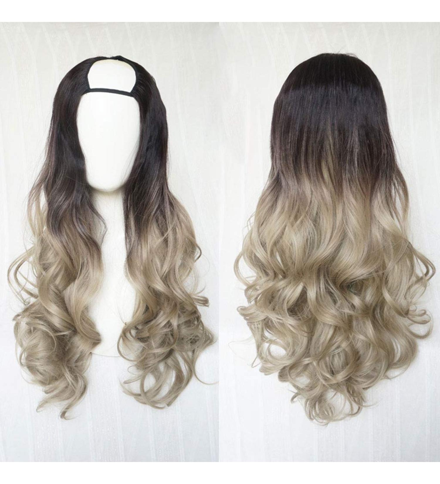 GJBXP Harajuku Fashion Long Wavy Curly U-Shaped Wig - 28in Heat Resistant Synthetic Hair with Dark Roots for Girls - Buy Online on SooperMarket.com