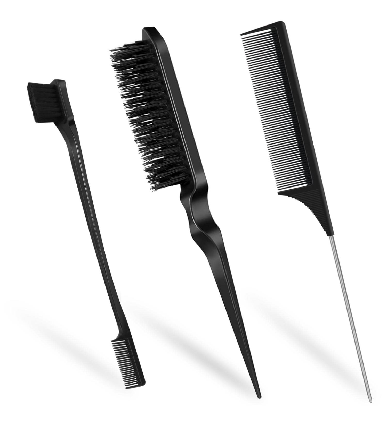 Qufiiry 3Pcs Slick Back Hair Brush Set - Edge & Bristle Brush, Rat Tail Comb - Black | For Women, Men, Kids - Buy Online on SooperMarket.com