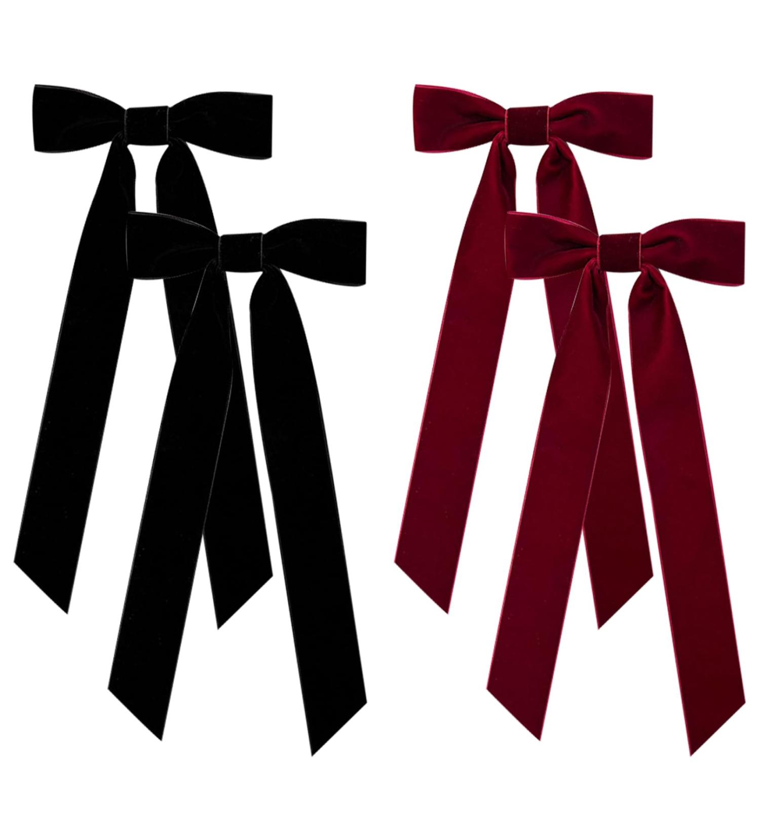 Velvet Bow Hair Clip 4PCS Red and Black Hair Bow Vintage Satin Bowknot Hairpins with Long Ribbon Party Bow Hair Barrettes Hair Accessories for Women Girls Gifts - Buy Online on SooperMarket.com