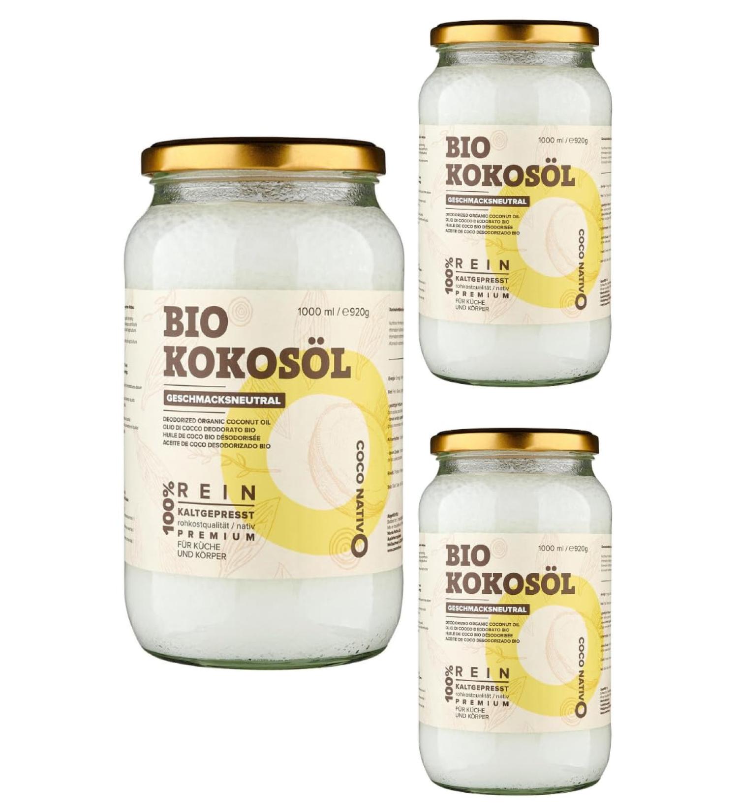 Organic Coconativo Tasteless Coconut Oil 3x1000ml - Cold-Pressed Raw Food Quality for Cooking Baking & Skincare - Buy Online on SooperMarket.com