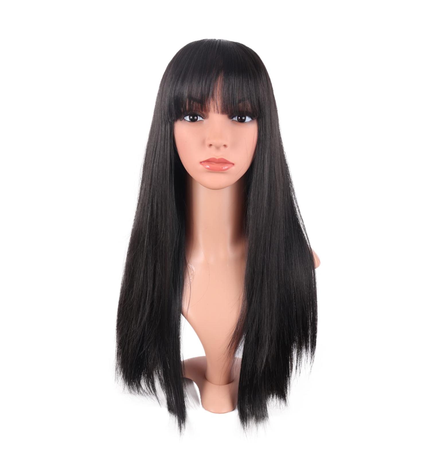 MapofBeauty 22 Women Long Straight Synthetic Wig with Flat Bangs - Heat Resistant Fiber for Party, Cosplay (Black) - Buy Online on SooperMarket.com