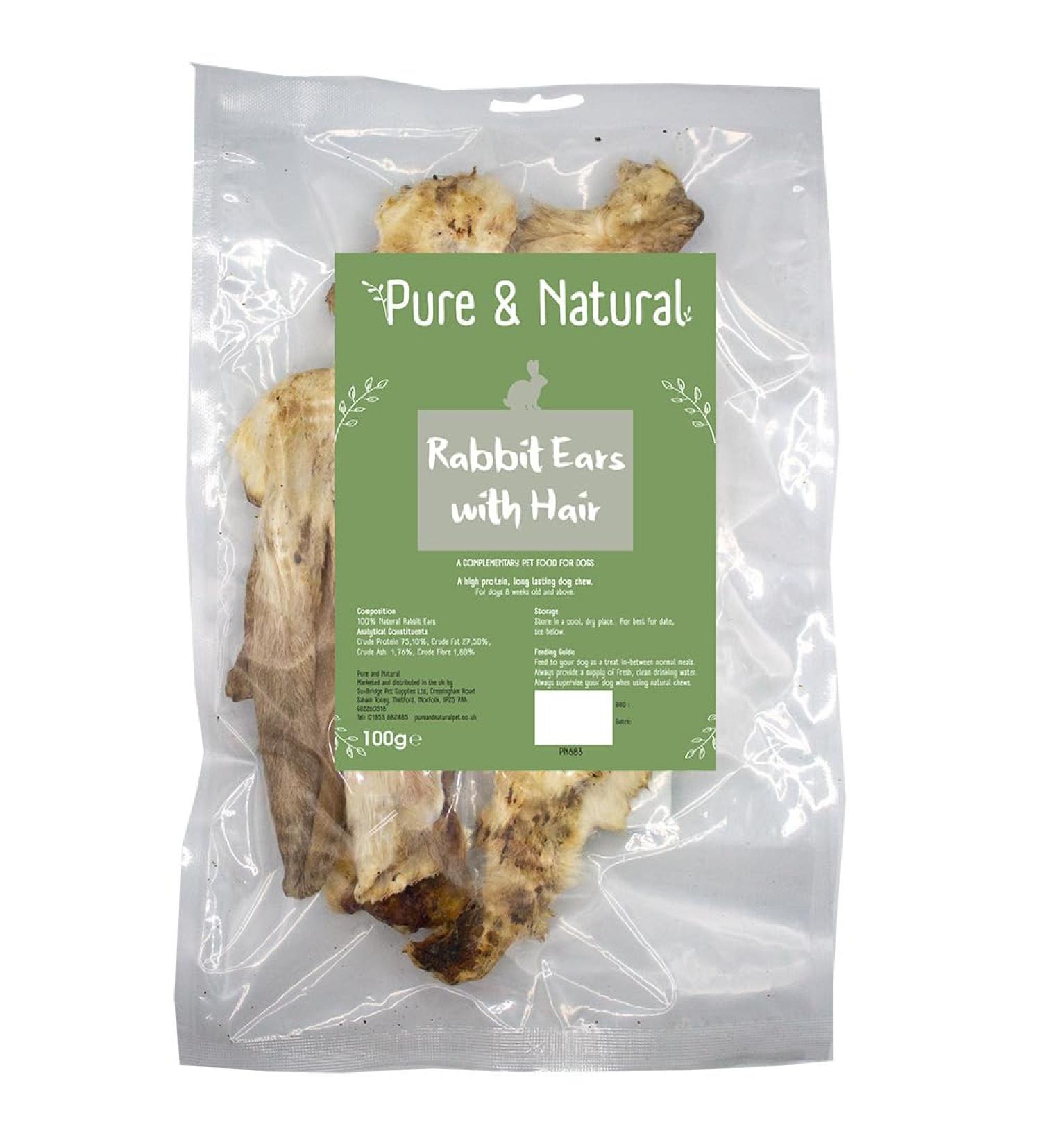 Pure & Natural Rabbit Ears with Fur for Dogs - Natural Dog Chews High Protein Low Fat Hypoallergenic Dog Treats for All Ages - 100g Bag 100 g (Pack of 1)