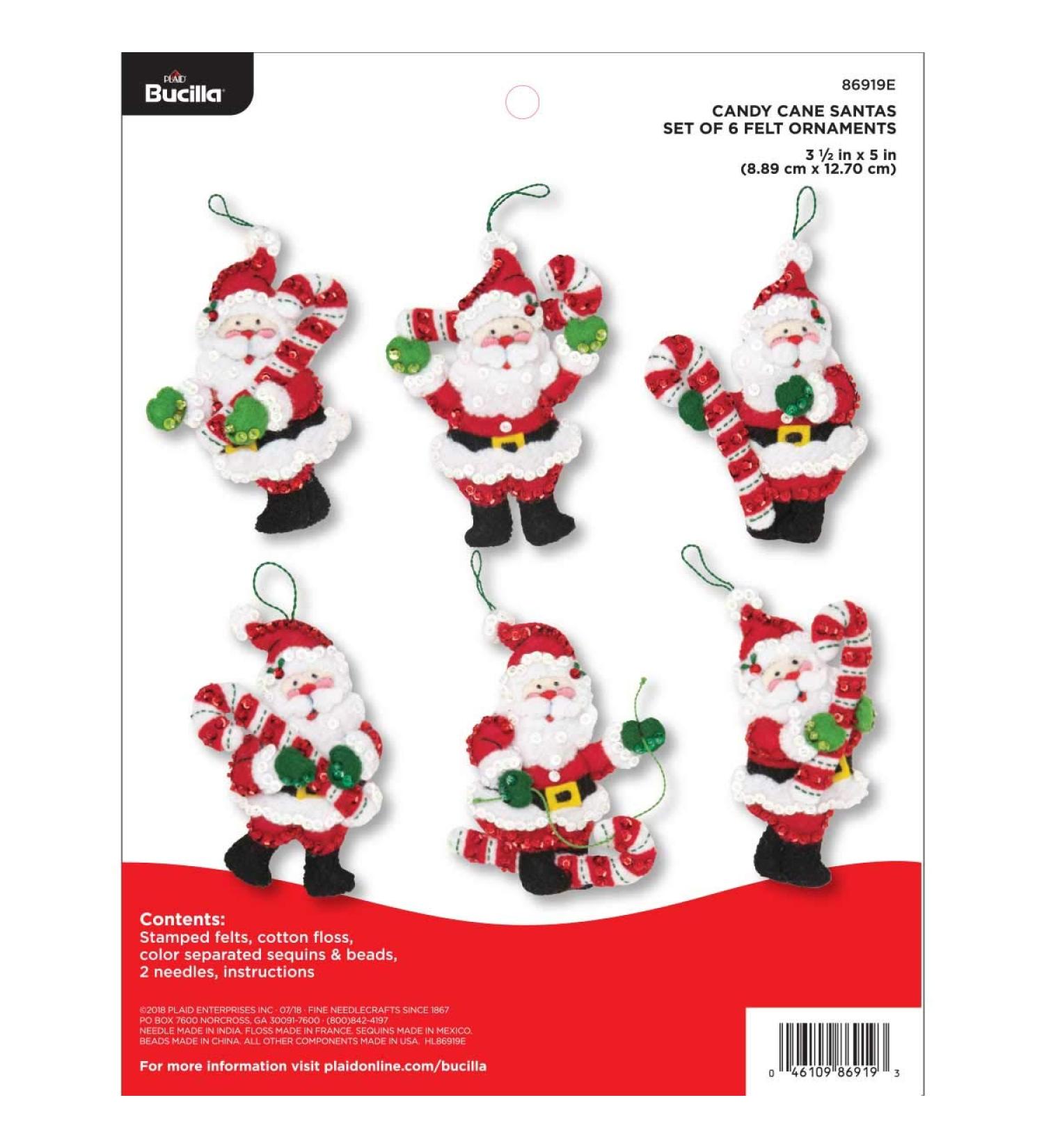 Bucilla Felt Applique Ornament Kit - 6pc Candy Cane Santa - 3.5 x 5 - DIY Holiday Crafts - Buy Online on SooperMarket.com