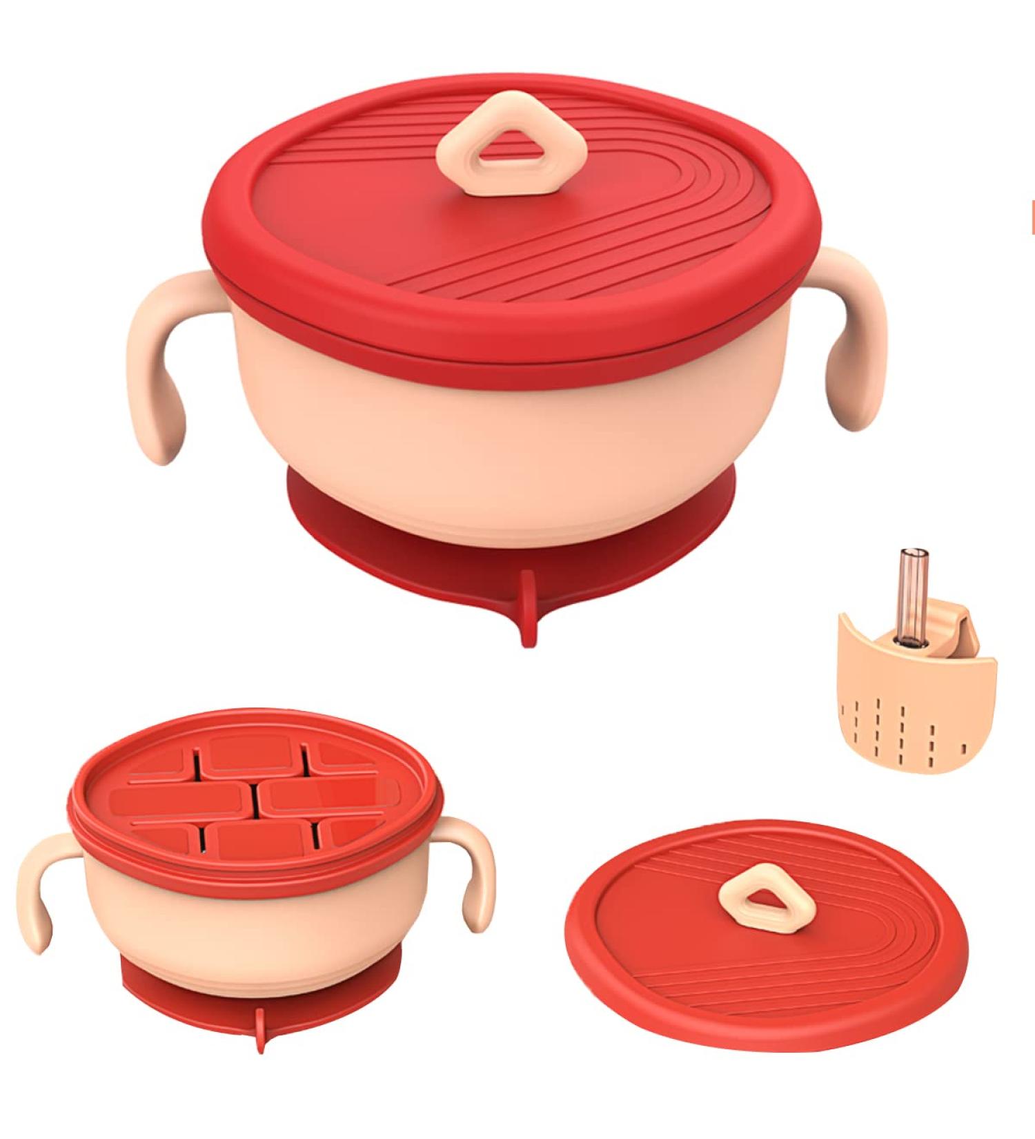 EasyRuir 3 in 1 Baby Bowl with Lid, Straw, and Snack Insert | Suction Toddler Bowl - BPA Free Self-Feeding Training Utensils | Pink - Buy Online on SooperMarket.com
