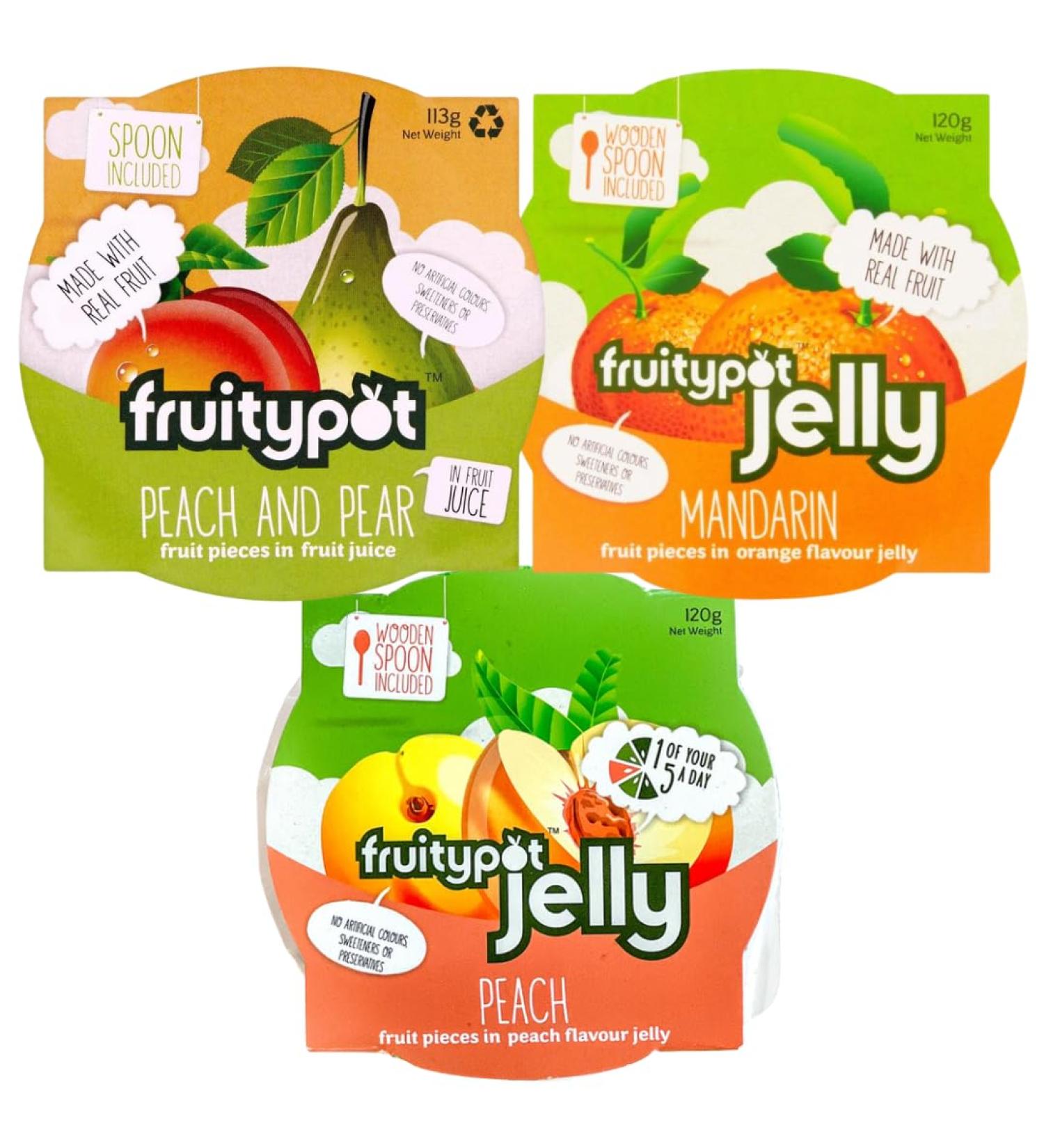 Fruit Snack Pack Bundle With Fruitypot Peach & Pear in Juice 113g Mandarin in Orange Jelly 120g and Peach in Peach Jelly 120g (3 Pack) - Buy Online on SooperMarket.com