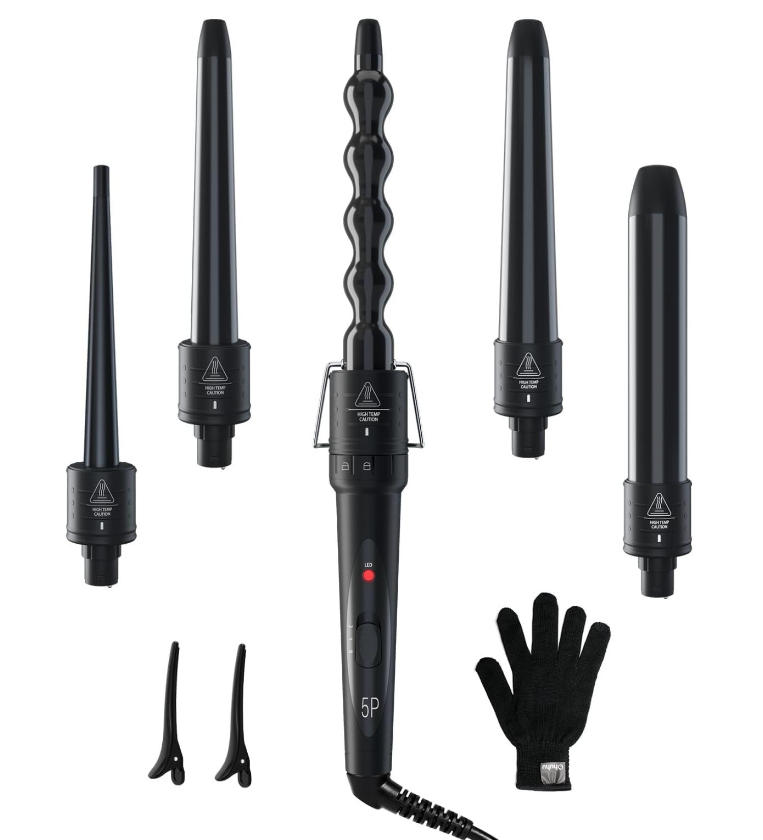 5 in 1 Curling Iron Wand Set Ohuhu Upgrade Curling Wand 5Pcs 0.35 to 1.25 Inch Interchangeable Ceramic Barrel Heat Protective Glove Dual Voltage Hair Crimper for All Hair Type Black - Buy Online on SooperMarket.com