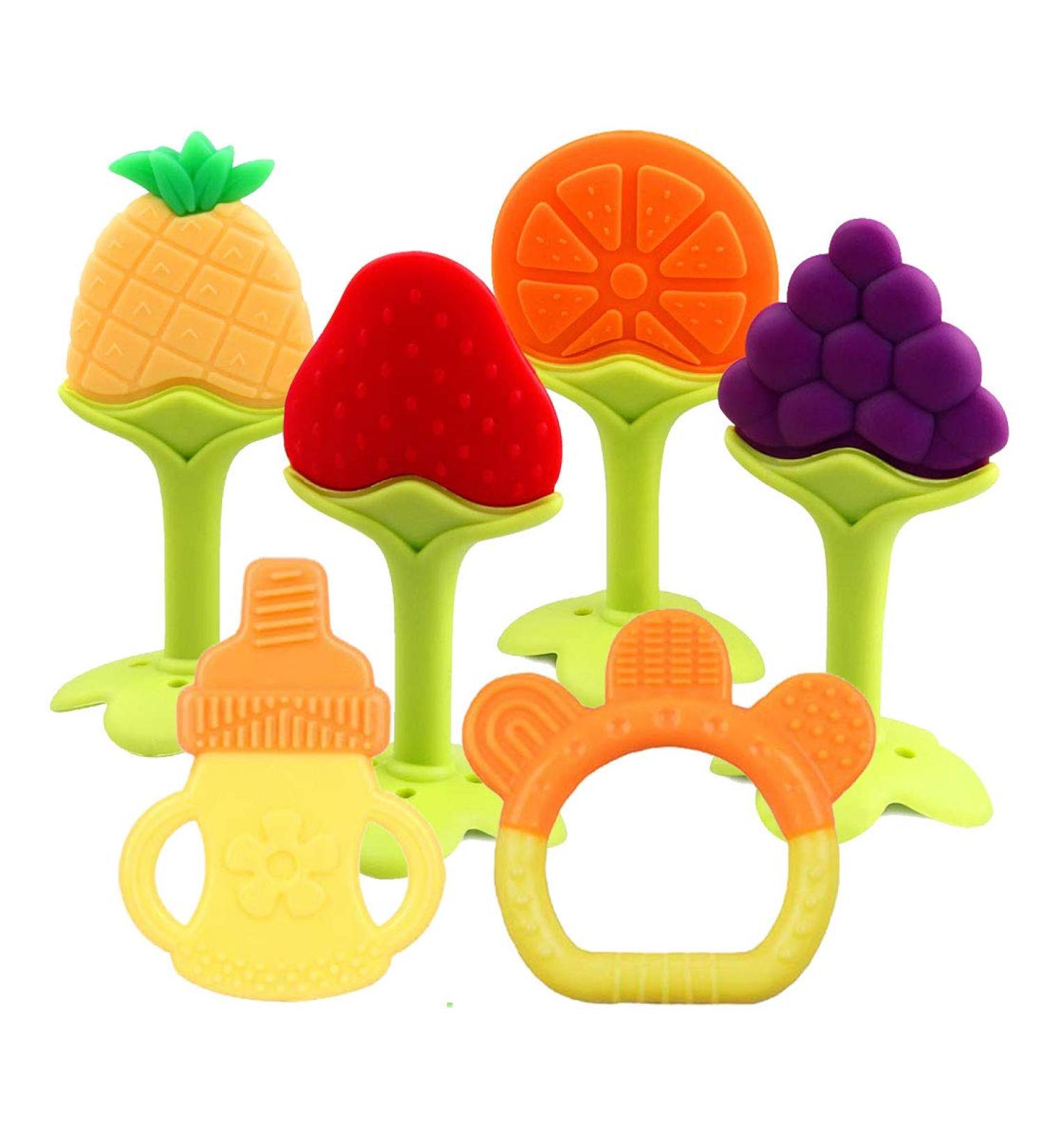 BPA Free Silicone Baby Teething Toys - 6 Pack | Freezer Safe & Organic Infant Teethers for Natural Brain Development - Buy Online on SooperMarket.com
