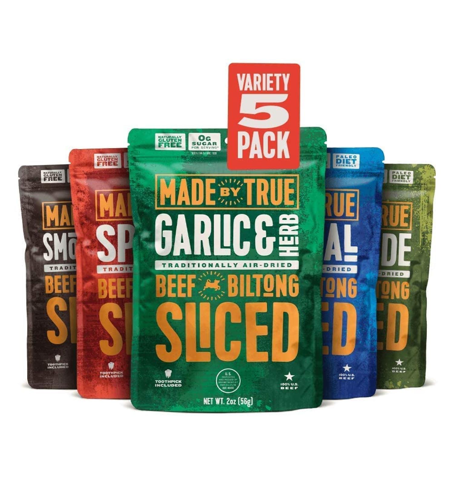 True Beef Sliced Bites Variety Pack (2 oz, Pack of 5) - All Natural Zero-Sugar Jerky Biltong - High Protein Keto Paleo Diet Snack - Sugar-Free Gluten-Free Carb-Free - Buy Online on SooperMarket.com