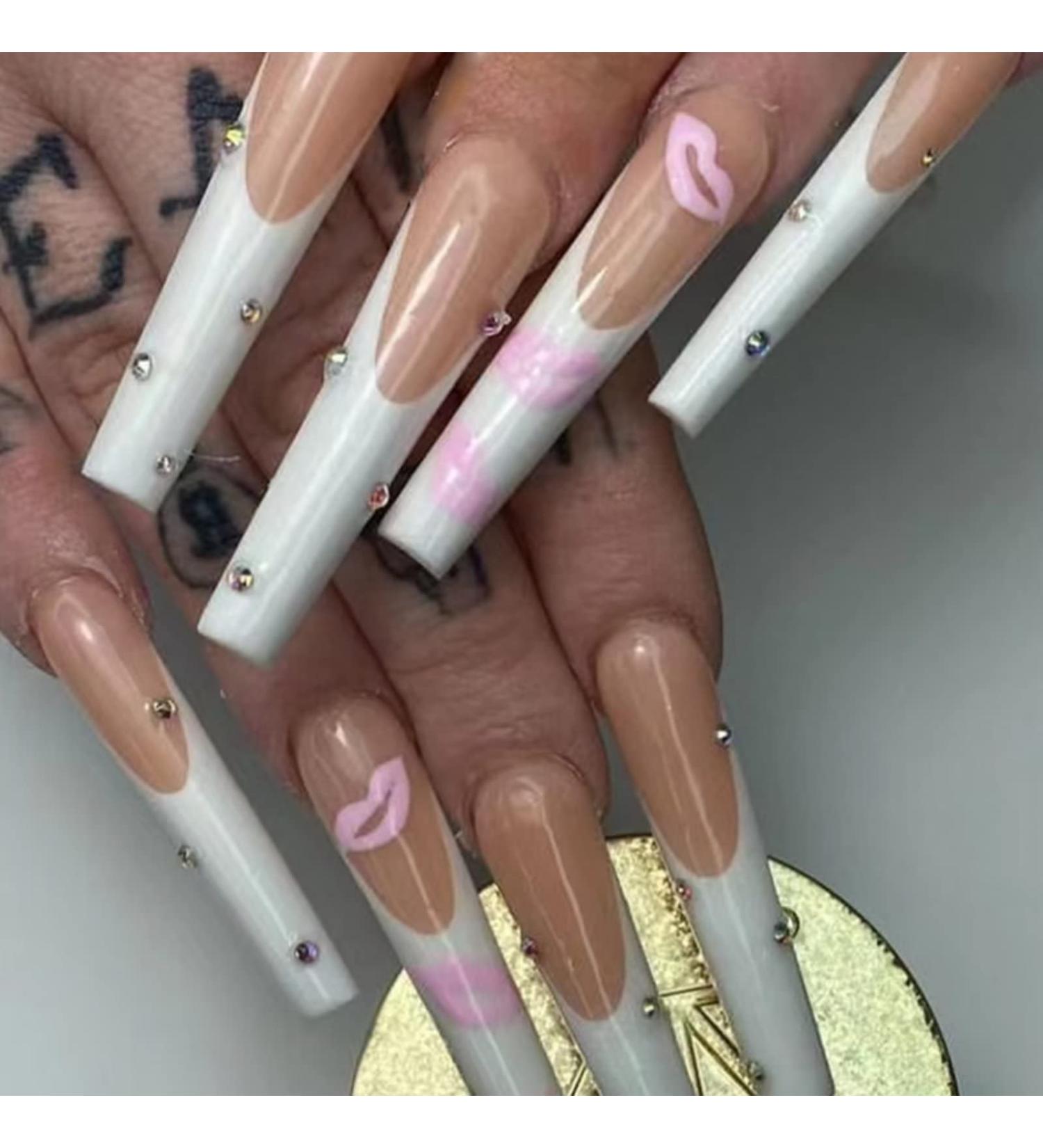 Runrayay Long Artificial Nails - Press-On Acrylic Tips in White Pink & Nude | Ballet-French Style with Nail Stones for Women & Girls - Buy Online on SooperMarket.com