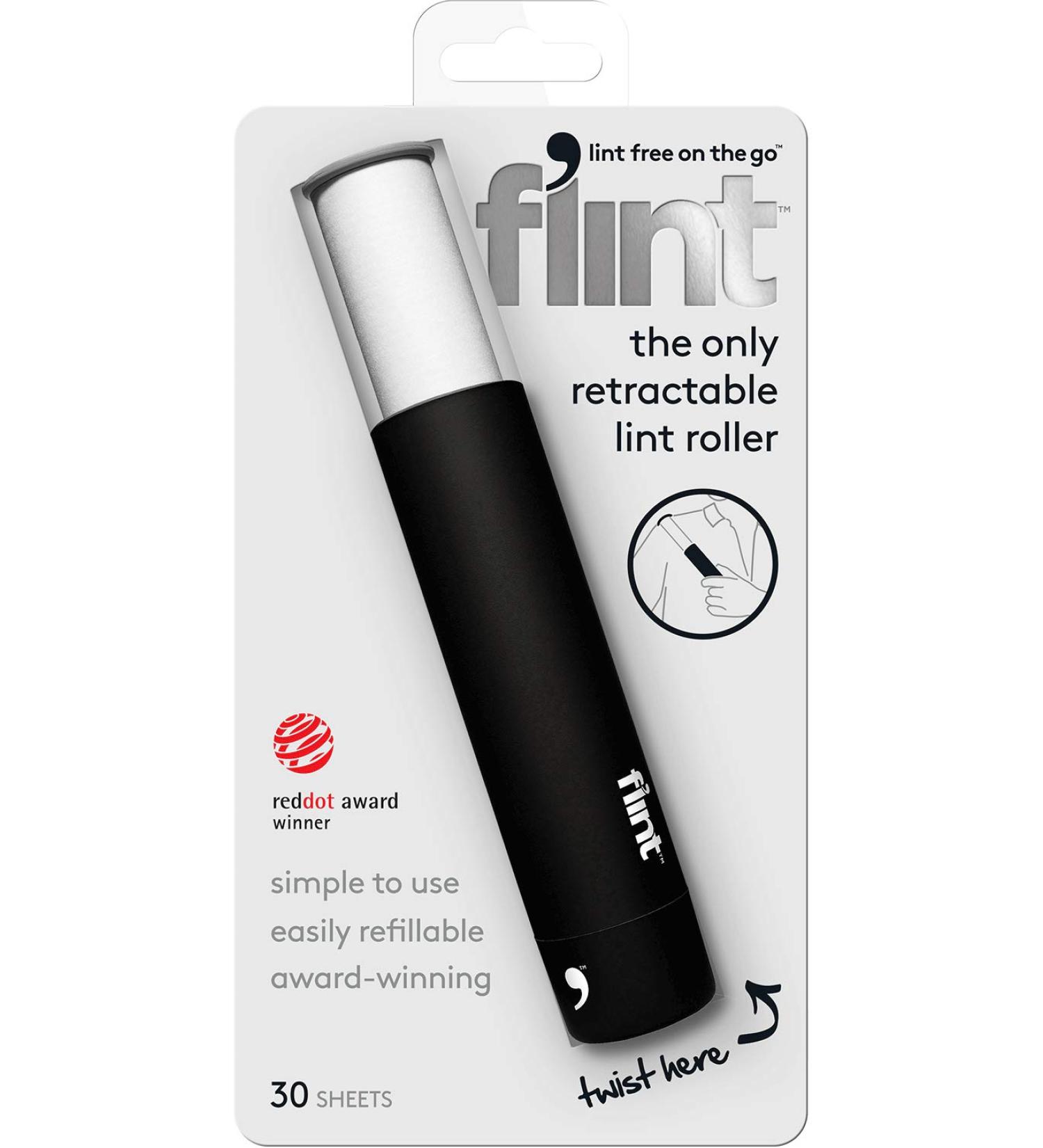 Flint Classic Retractable Lint Roller - Refillable Travel Lint Roller - 30 Sheets (Black) Black 30 Sheets