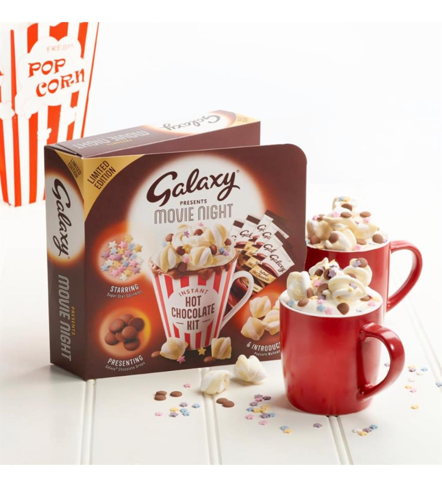 Hot chocolate gift with hot chocolate options of galaxy hot chocolate sachets hot chocolate drops popcorn marshmallows and sugar star sprinkles toppings for kids and adults - Buy Online on SooperMarket.com