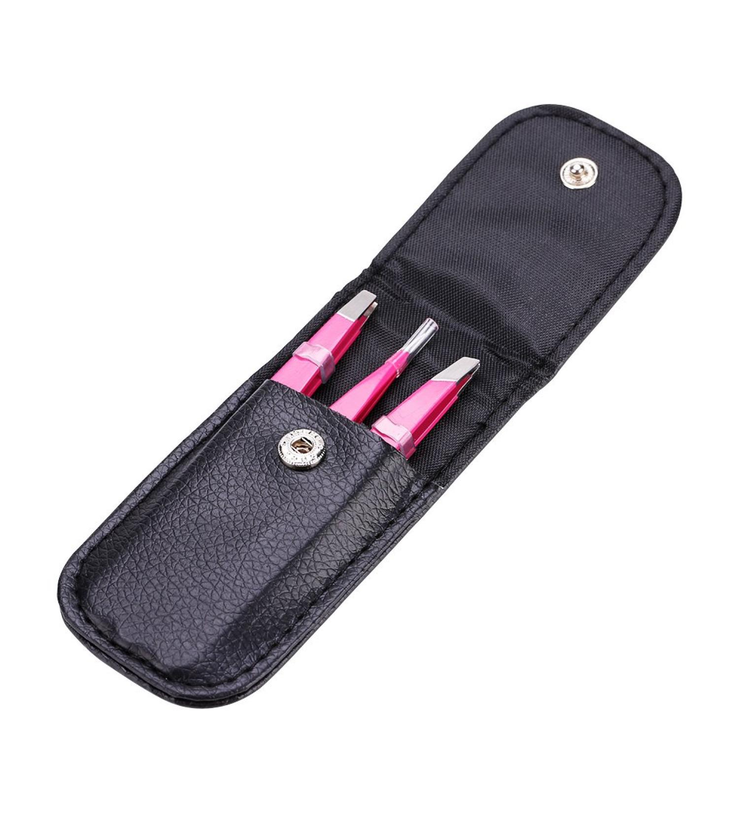 3-Piece Stainless Steel Tweezers Set - Flat Lace & Sloping Tips for Eyebrows & Facial Hair Removal - Rose Red - Perfect for Home & Gift - Buy Online on SooperMarket.com