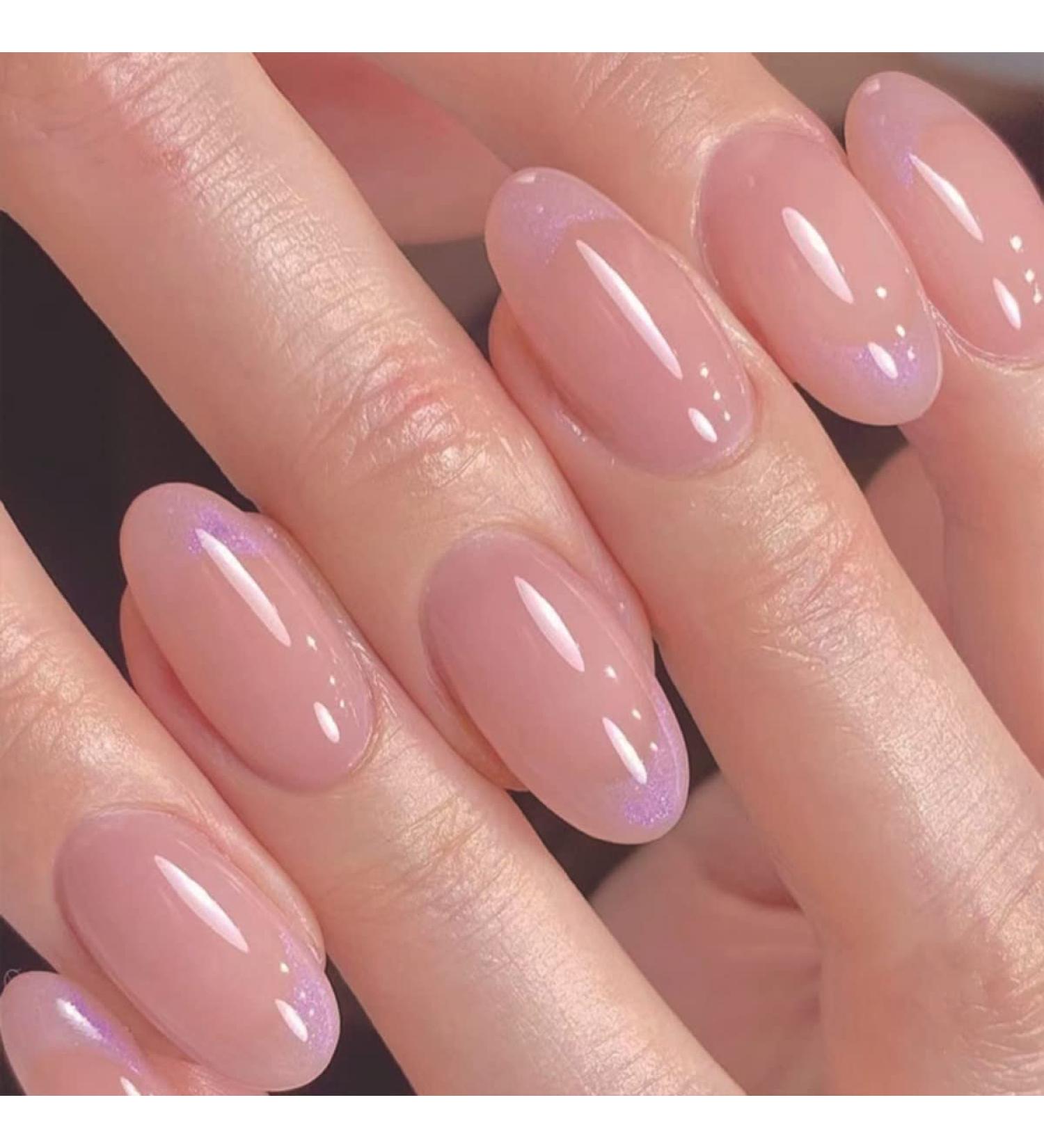 Justotry 24 Pcs Nude Oval Short Glitter French Press on Nails - Purple Almond Medium Stick on Nails with Nail Glue for Women - Nail Art Fake Nails - Buy Online on SooperMarket.com