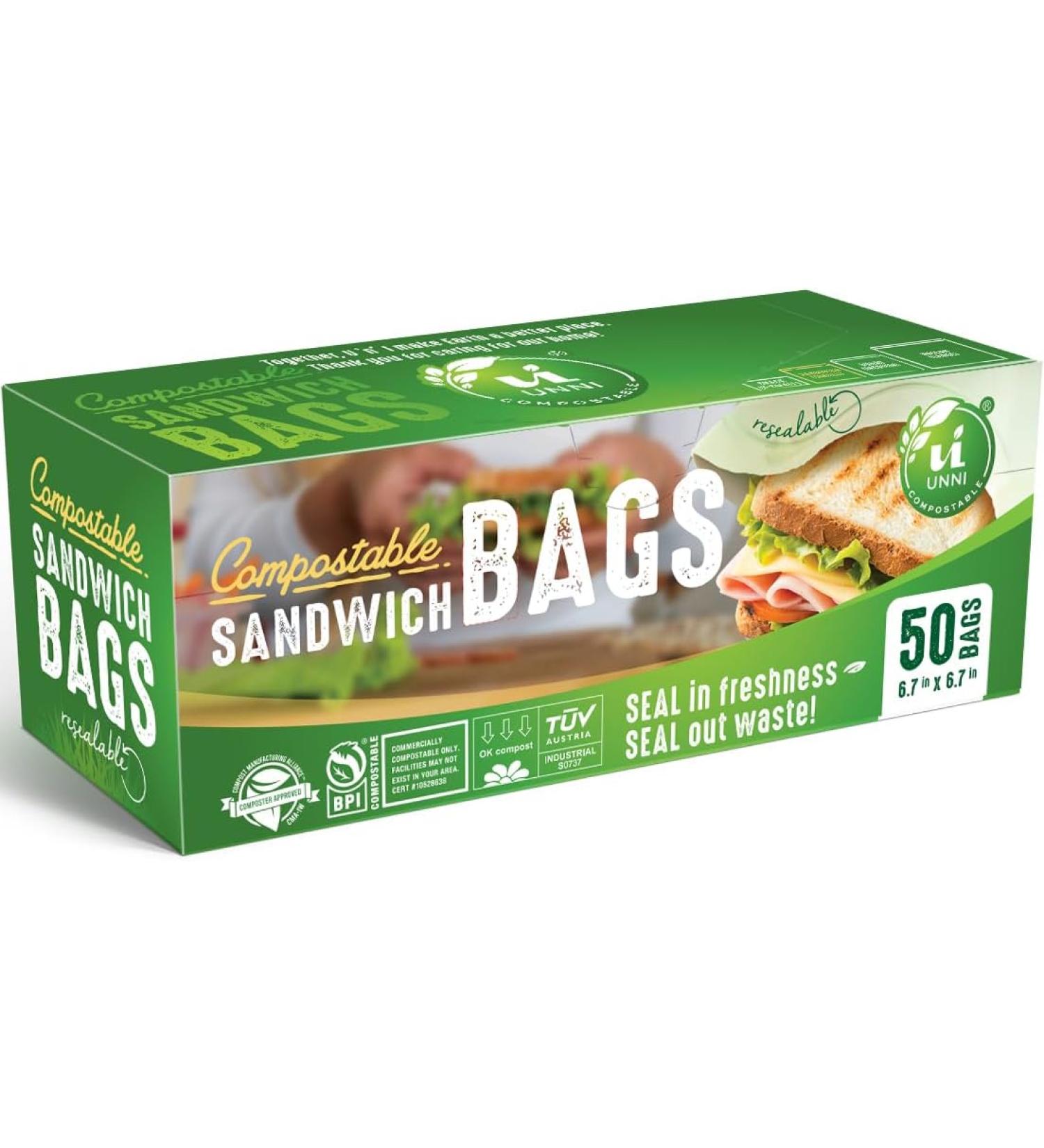 UNNI 100 Compostable Sandwich Bags - Resealable Food Storage, 50 Count, 6.5 x 6.7 inches - ASTM D6400 & BPI Certified - Eco-Friendly San Francisco 1-Pack - Buy Online on SooperMarket.com