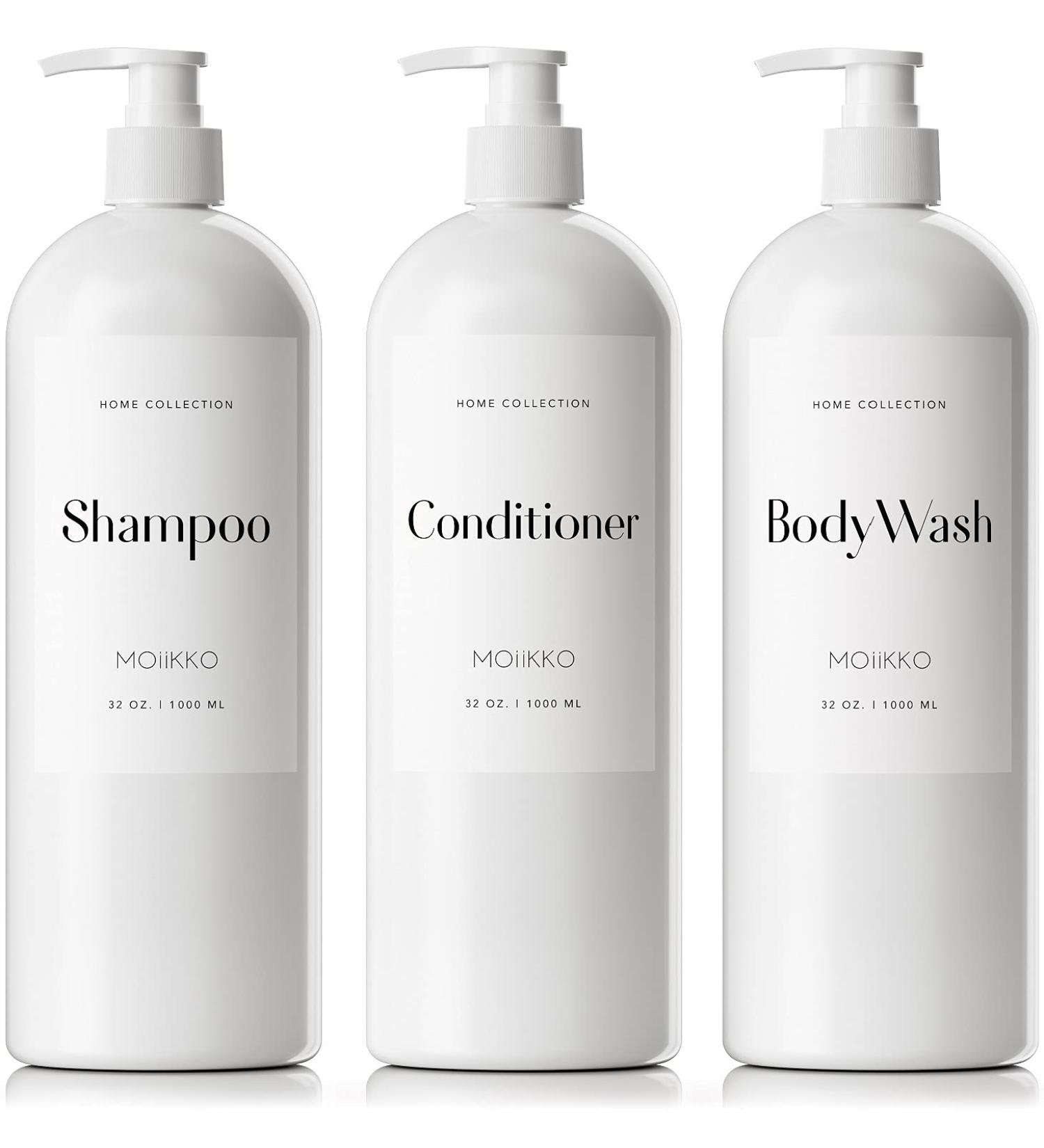 MOIIKKO 32oz Refillable Shampoo and Conditioner Bottles - Pack of 3, White Dispensers with Waterproof Labels - Modern Bathroom Accessories - Buy Online on SooperMarket.com
