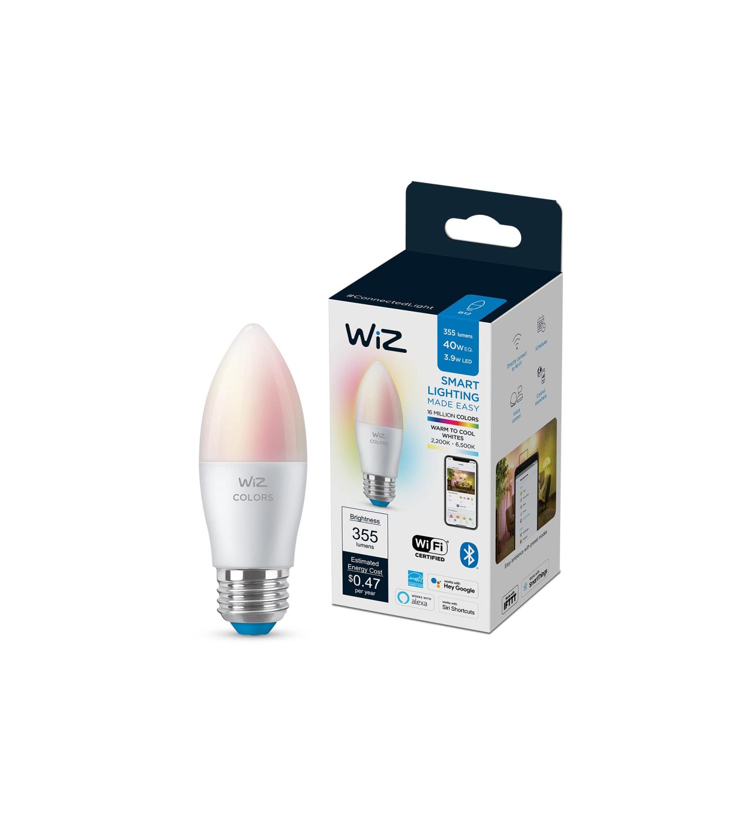 WiZ Connected Color B12 Smart WiFi Light Bulb | 2200K - 6500K + RGB 16 Million Colors | Works with Alexa, Google Assistant, Siri | No Hub Required | 1 Count - Buy Online on SooperMarket.com